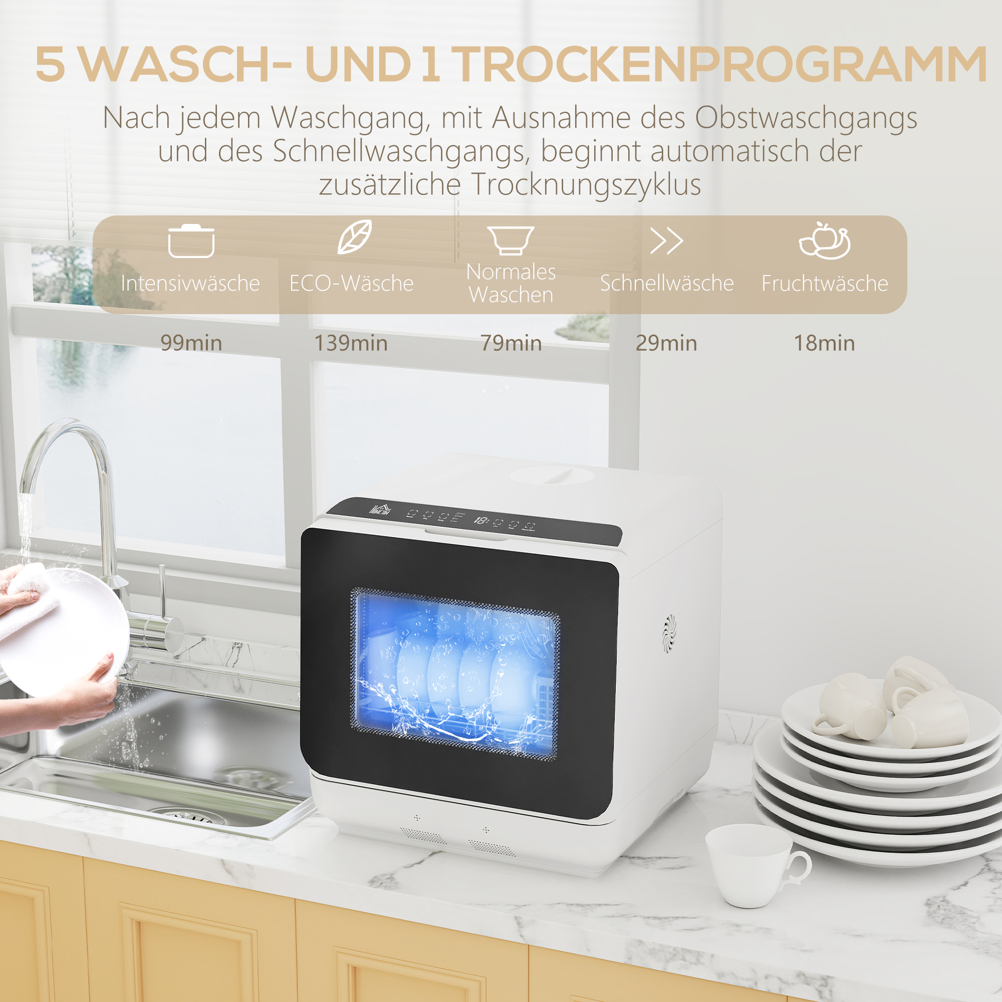 Tischgeschirrspüler, Mini-Geschirrspüler mit 6-Liter-Tank, 5 Programme, LED-Anzeige, Trocknungsfunktion, Weiß