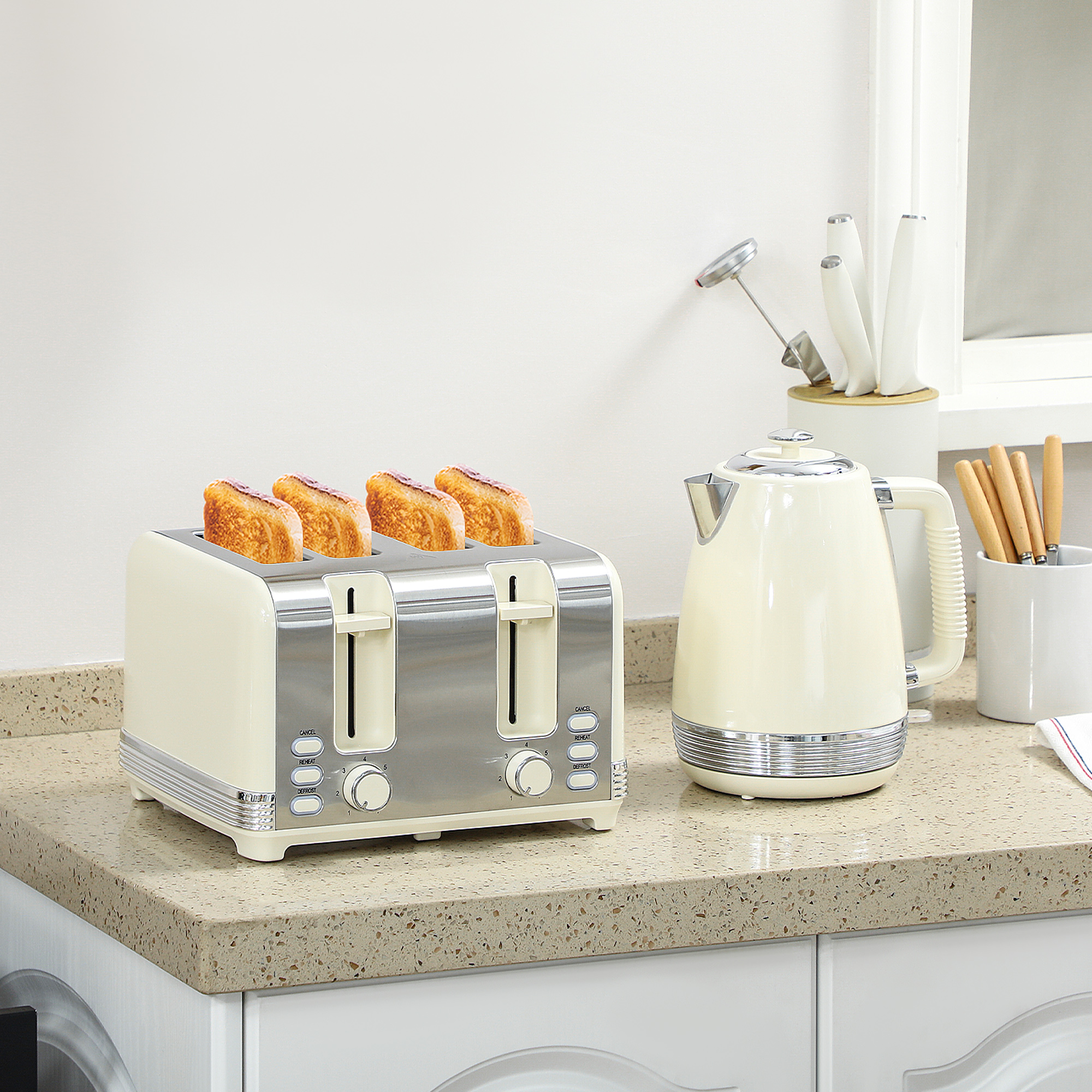 Wasserkocher- und Toaster-Set, 1,7 L, 2200W, Strix Thermostat, Filter, 4-Schlitz-Toaster, 7 Bräunungsstufen, Krümelfach