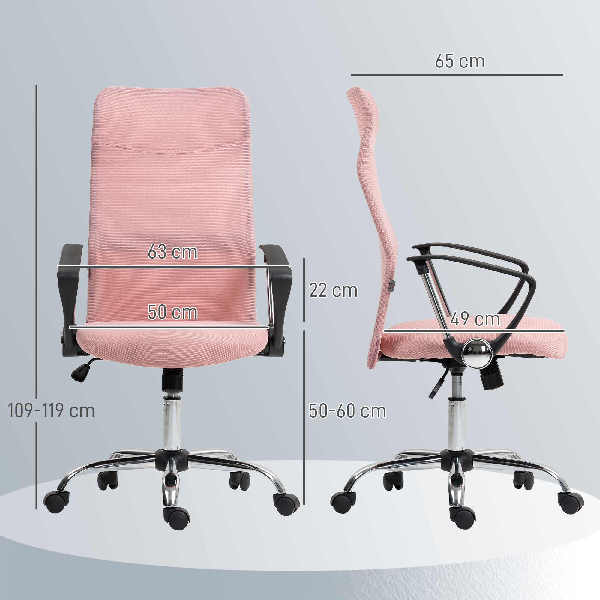 Ergonomischer Bürostuhl Höhenverstellbarer Drehstuhl mit Wippfunktion, Netzbespannung, 63 x 65 x 109-119 cm Rosa