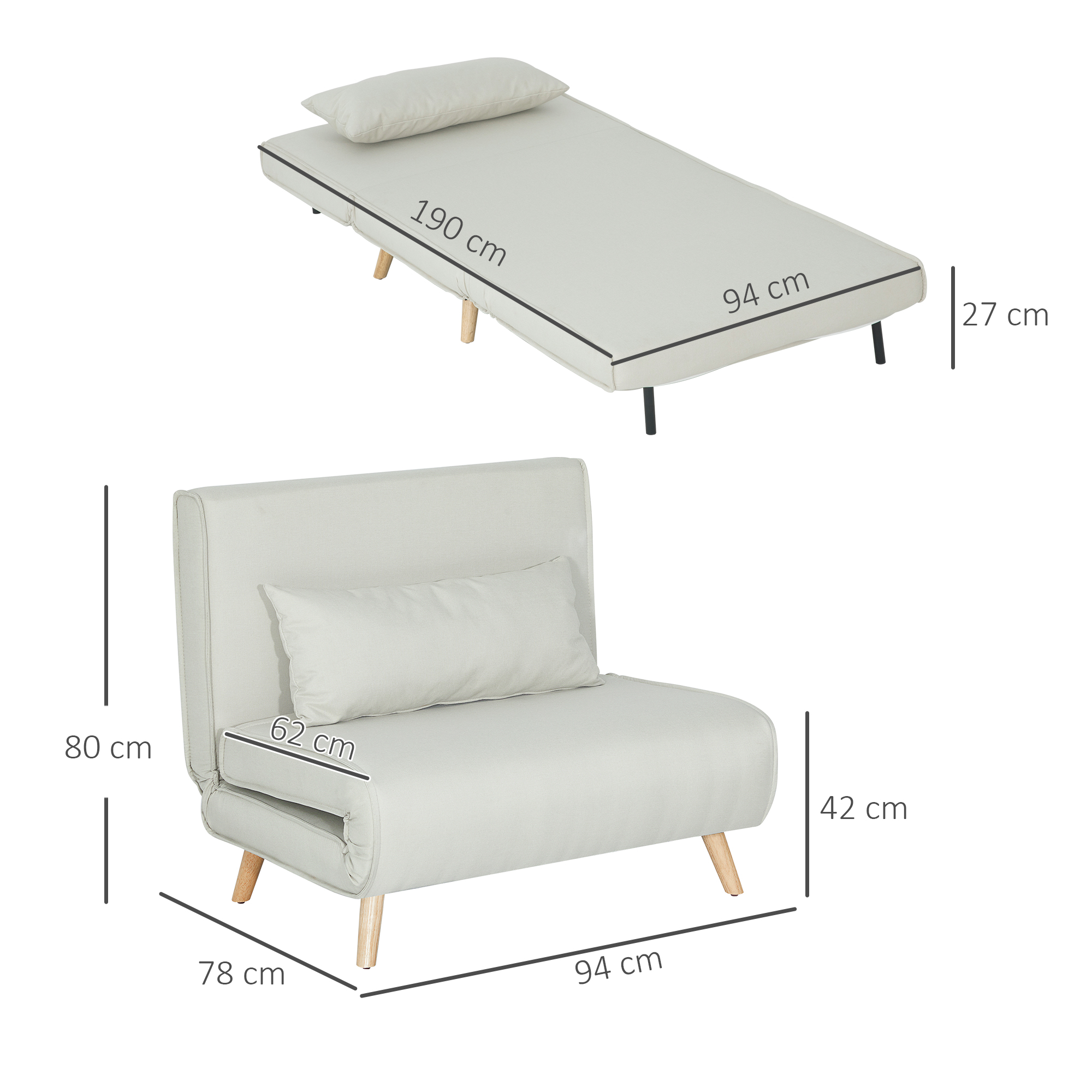 Einzelsofa Schlafsofa Sofabett Klappsofa verstellbar Rückenlehne Liege nordisch skandinavisch 25D Schaumstoff Haus Leinenimitat Kautschukholz Cremeweiß 94 x 78 x 80 cm