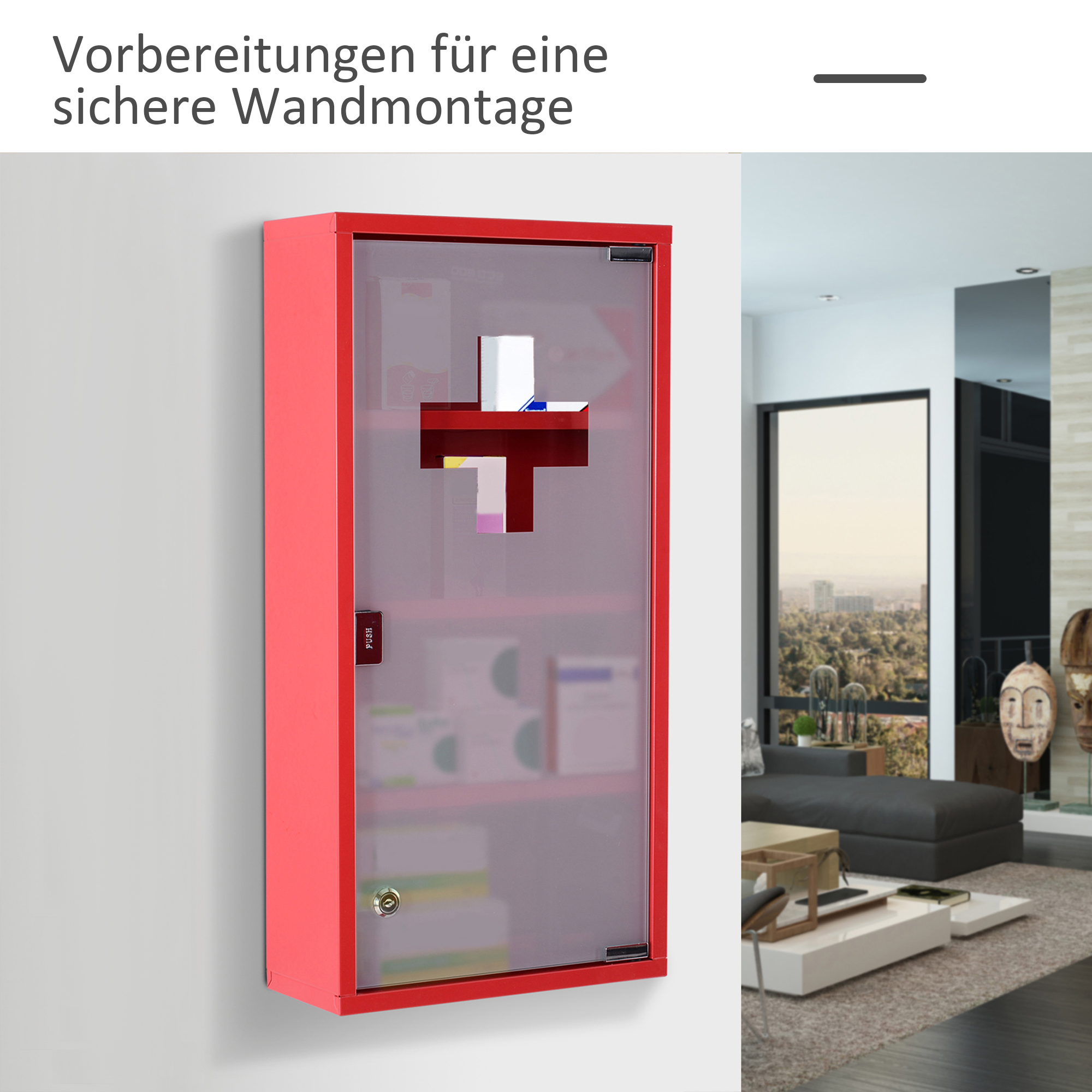 Medizinschrank aus Stahl Arzneischrank zur Medikamenten-Aufbewahrung, Abschließbar Apothekerschrank mit 4 Fächer, Glastür, 60 x 30 x 12 cm, Rot