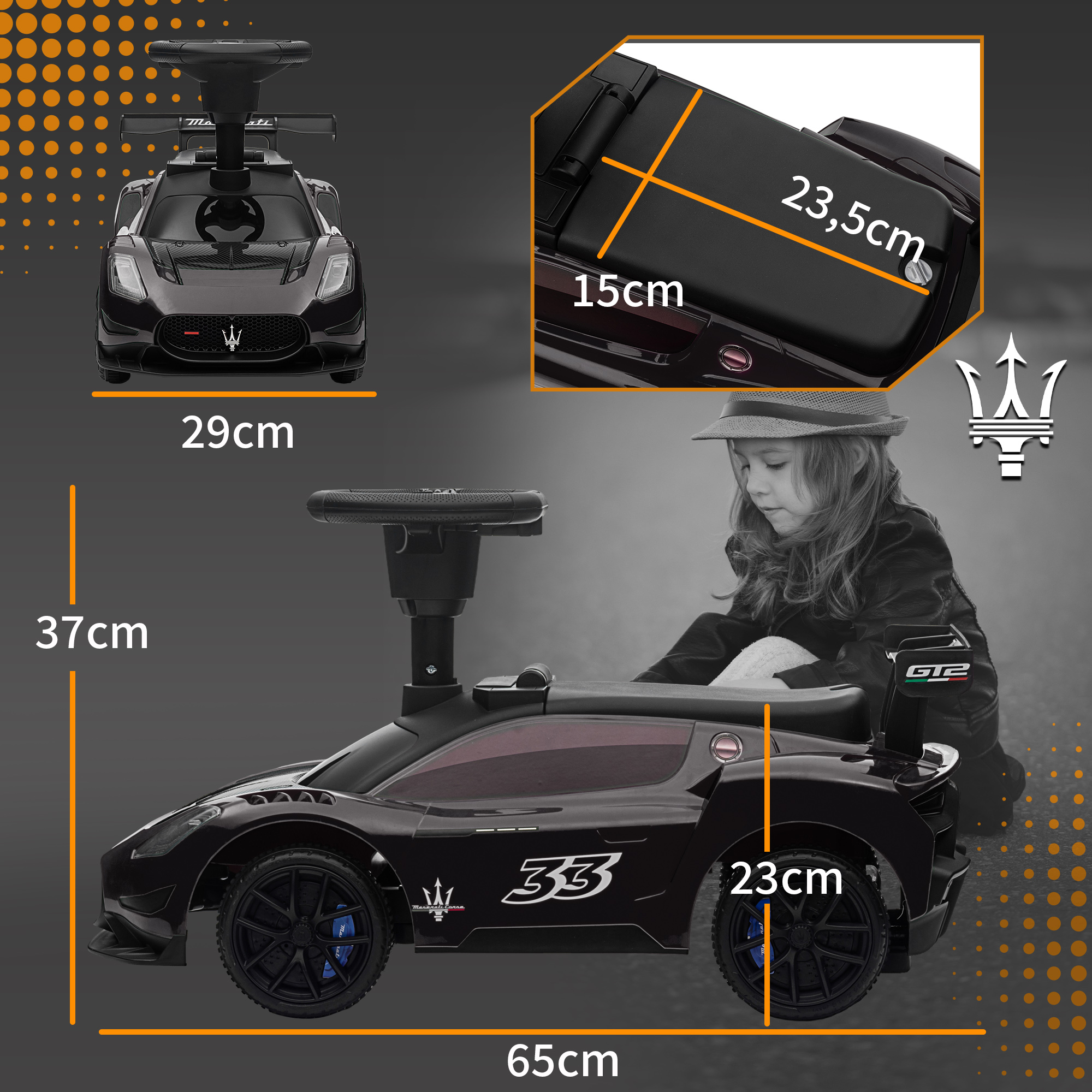 Rutschauto, Maserati, Stauraum, Hupe & Musik, Flüsterreifen, für 1,5 bis 5 Jahre, bis 25 kg, Schwarz