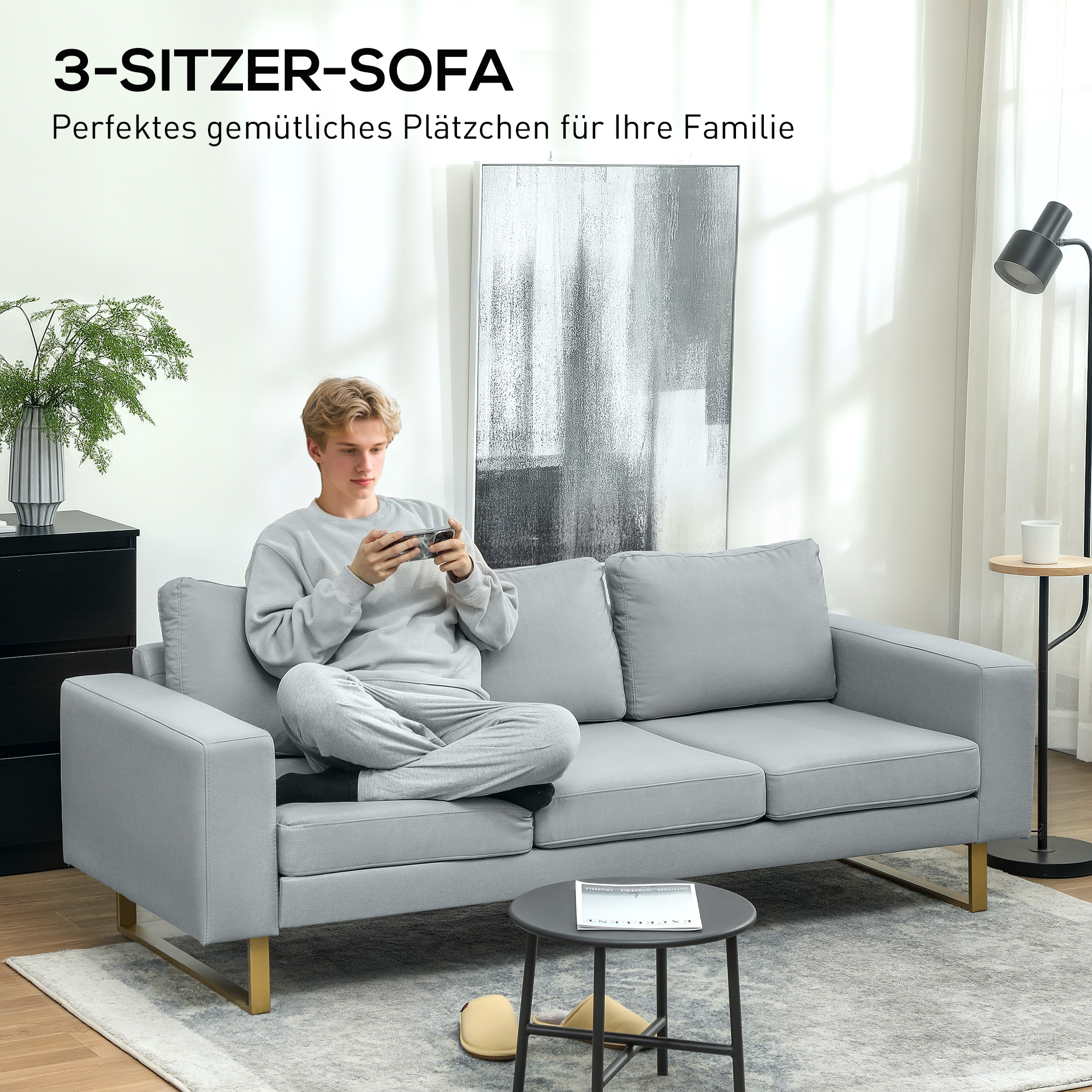 3-Sitzer-Sofa, Couch mit Vollholzrahmen, Metallbeine, schlichtes Design, Hellgrau