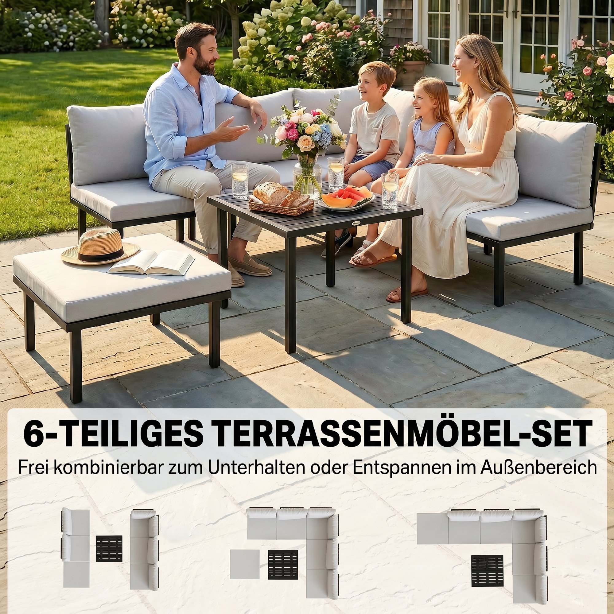 Lounge Gartenmöbel Set 5-6 Personen Gartenlounge Set mit 2 Sitzer Gartensofa 2 Stühle Eckstuhl Lamell-Tisch Fußhocker