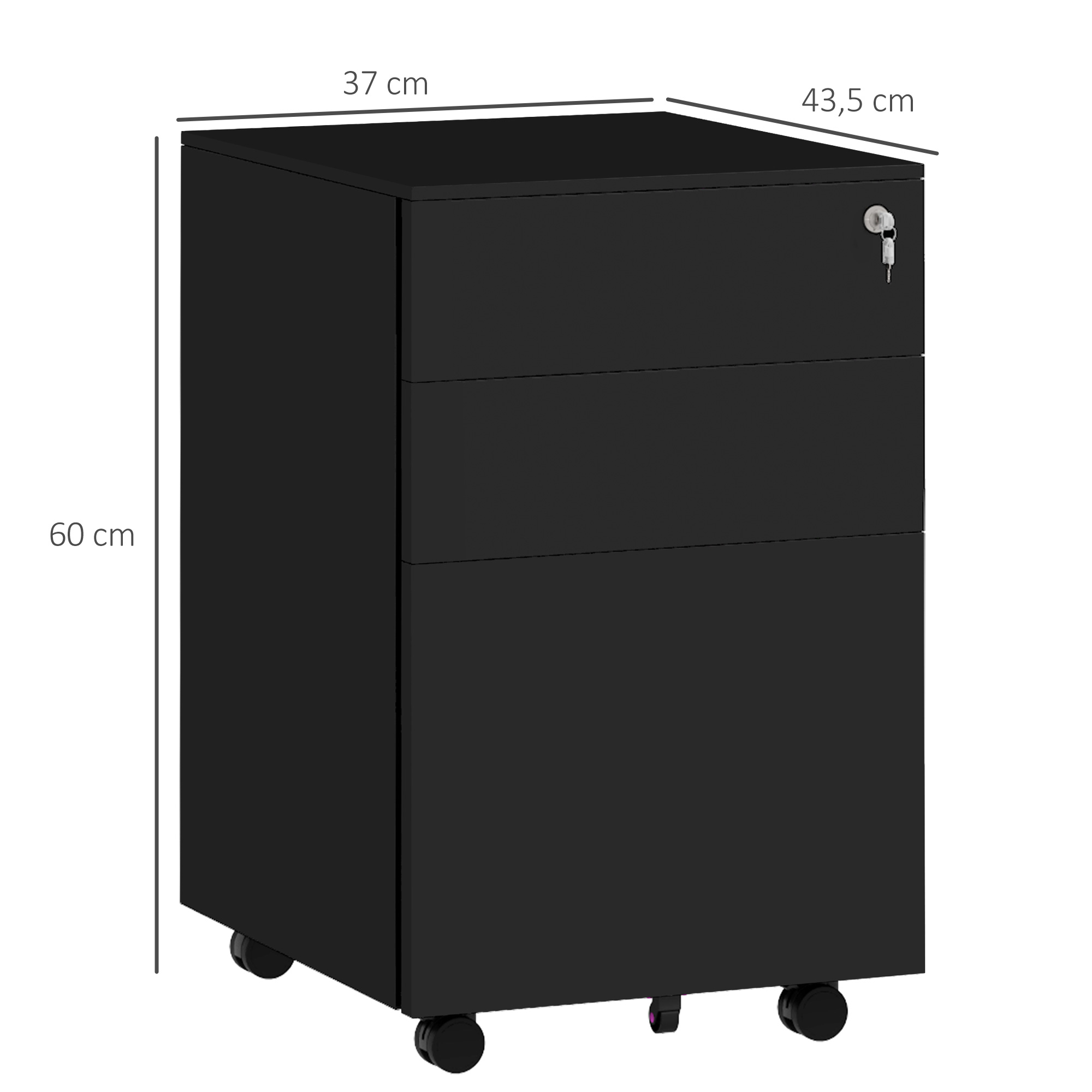 Rollcontainer Aktenschrank, 3 Schubladen, abschließbar, rollbar, 37 cm x 43,5 cm x 60 cm, Schwarz