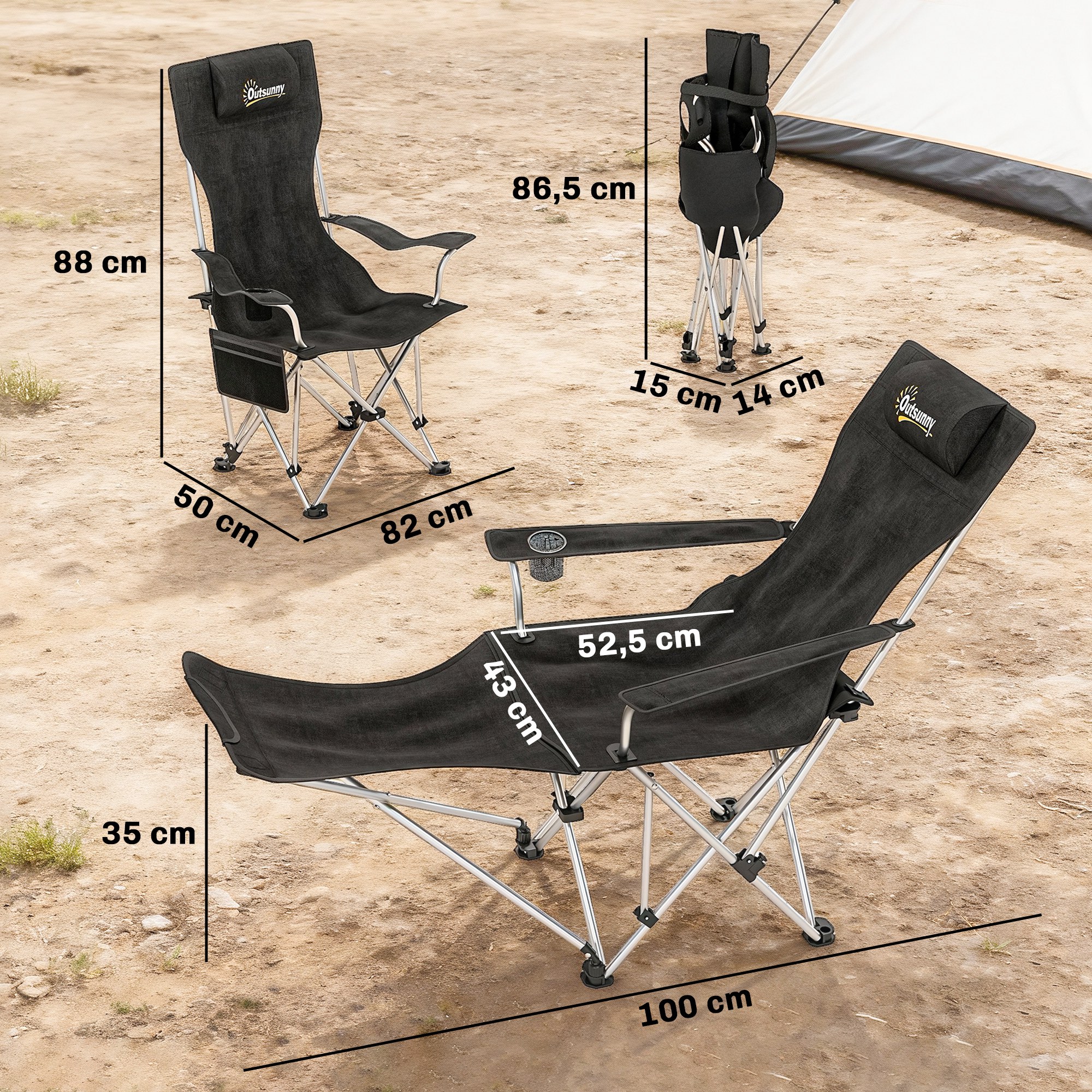 2er Set Campingstuhl faltbar Angelstuhl mit abnehmbar Fußstütze Getränkehalter belastbar 120 kg Schwarz