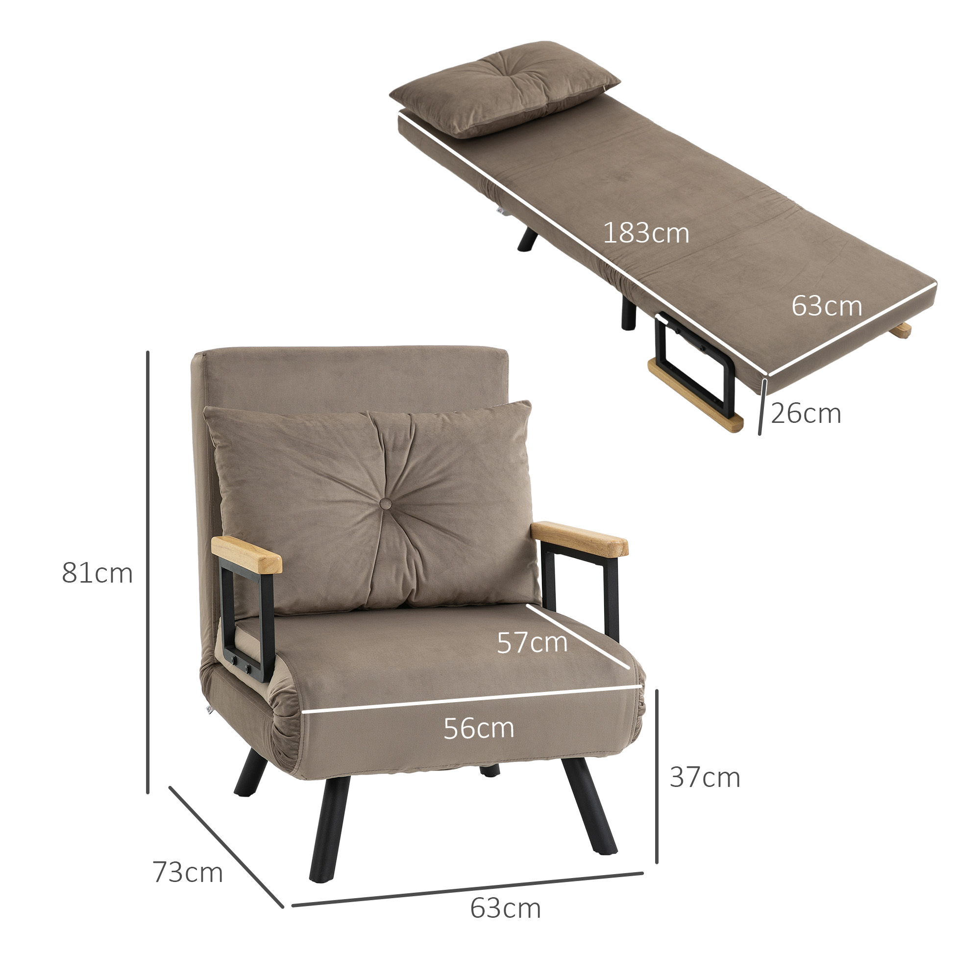 Schlafsessel, Gästebett, verstellbare Rückenlehne, bis 120 kg, Stahllrahmen, 63x73x81cm, Hellbraun
