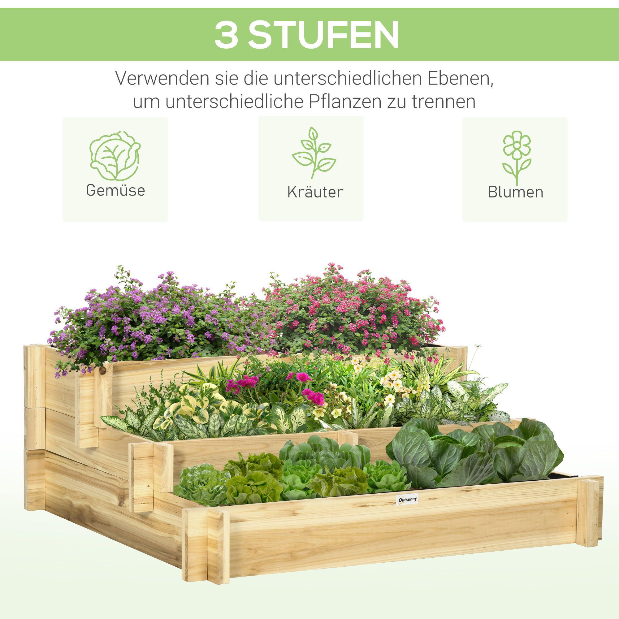 Hochbeet, Blumenkasten, 3-stufig, Drainageöffnung, Stoffauskleidung, Naturholz, 93 x 93 x 35 cm