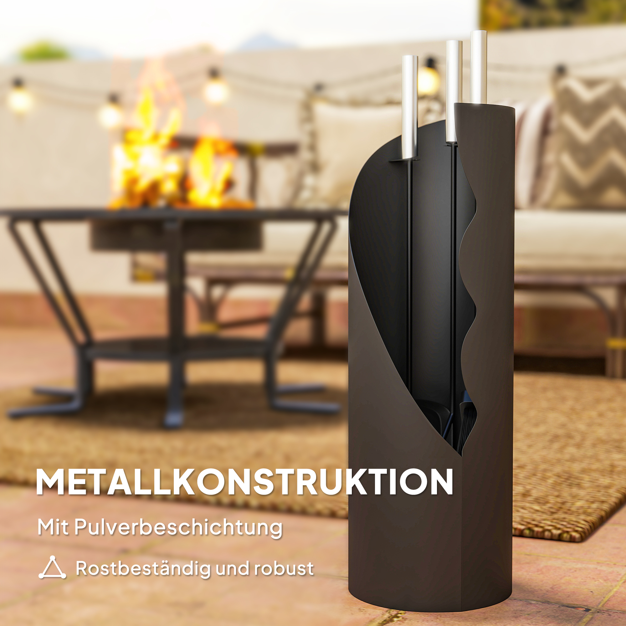 Kaminbesteck Set 4-teilig Kaminzubehör mit Besen, Schaufel, Schürhaken und Korb, Kamingarnitur, Metall, Schwarz