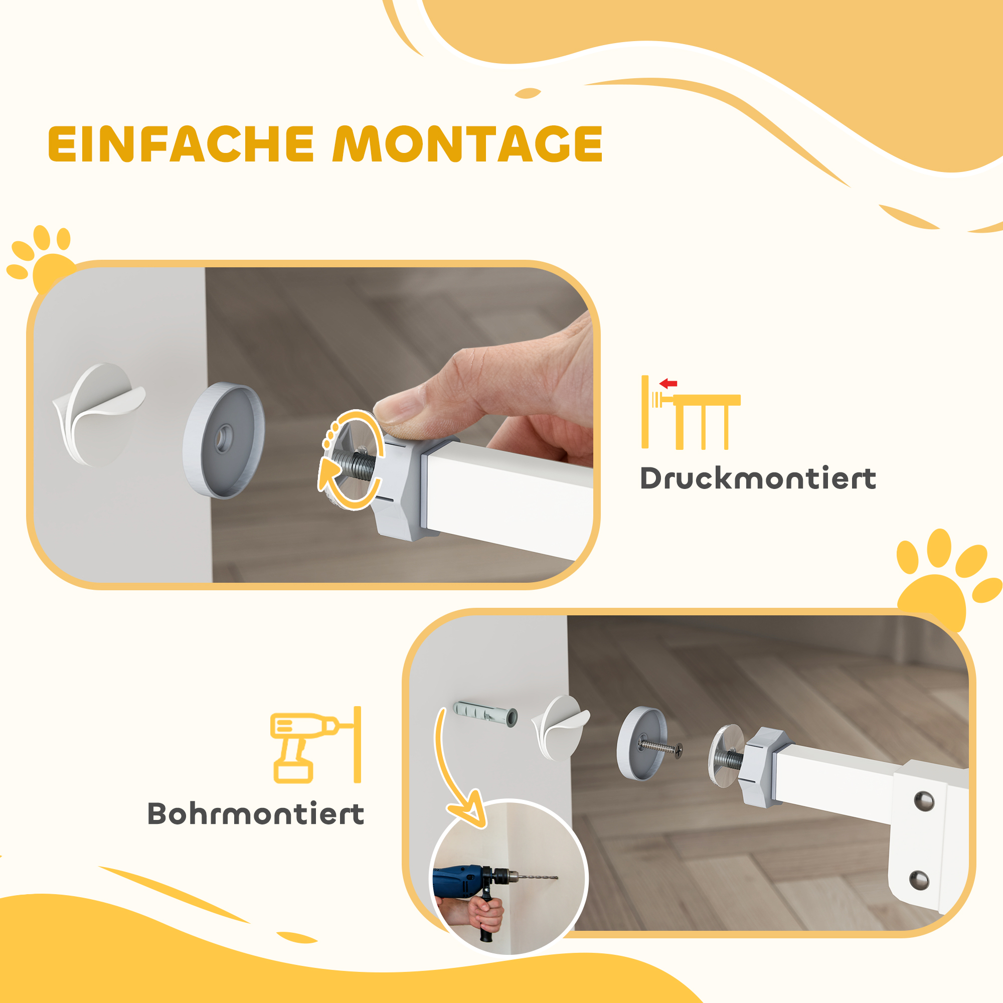 Türgitter mit Katzenklappe, Montage ohne Bohren, variable Breite 74-80 cm, einhändiges Öffnen, Metall, Weiß
