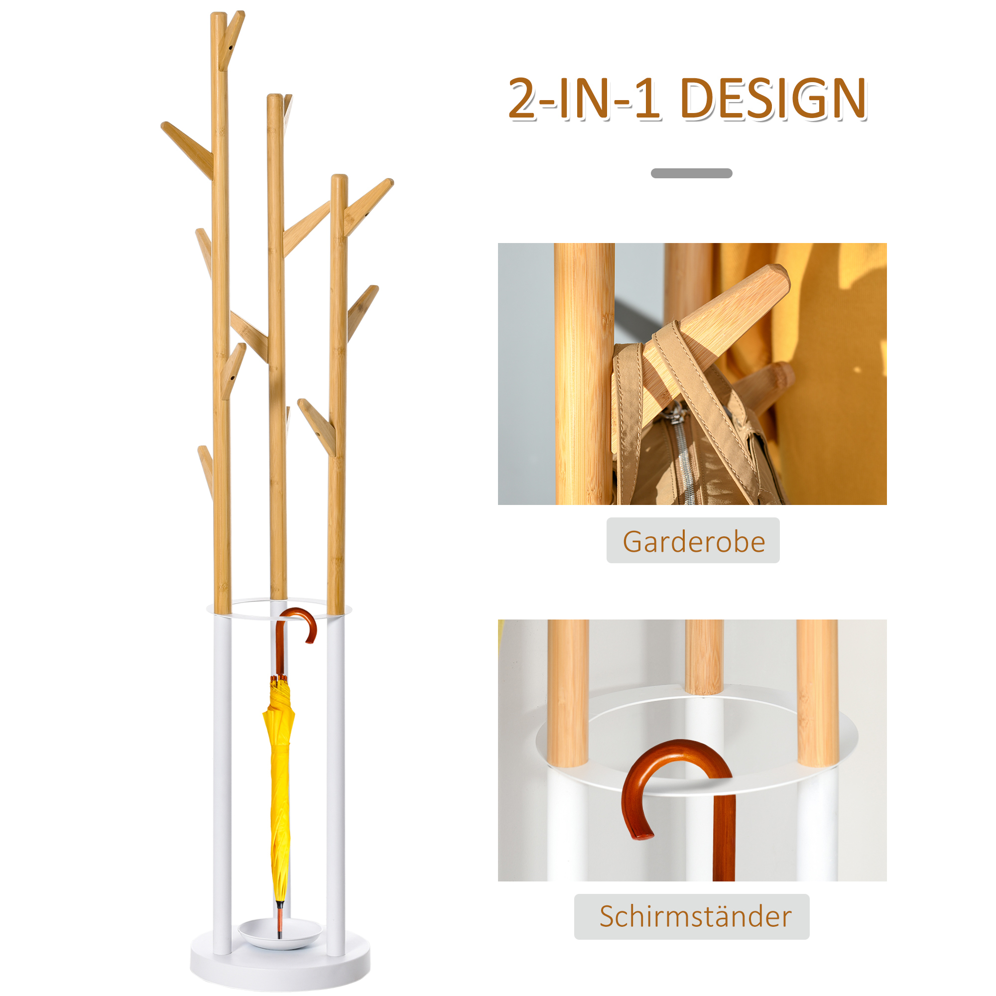 Garderobenständer, Kleiderständer mit 12 Haken und Schirmständer, Garderobe in Baumform, moderner Jackenständer für Kleidung, Hut, Tasche, für Wohnzimmer, Schlafzimmer, Bambus, Natur+Weiß