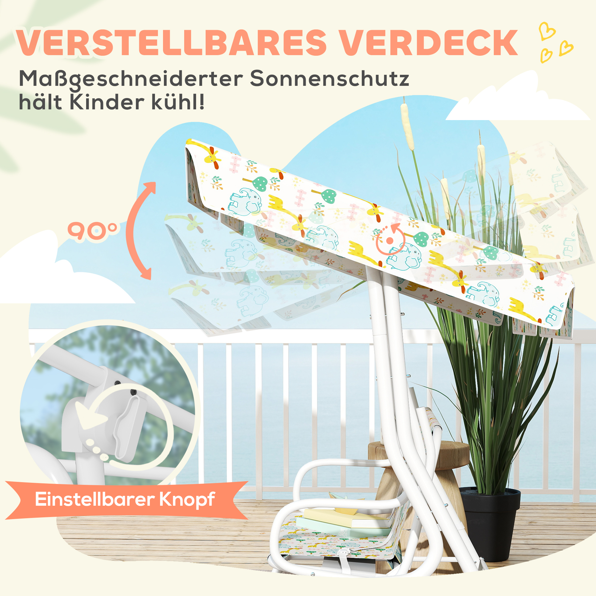 Hollywoodschaukel für Kinder, Stahlrahmen, 2-Sitzer, 60 kg belastbar, Weiß