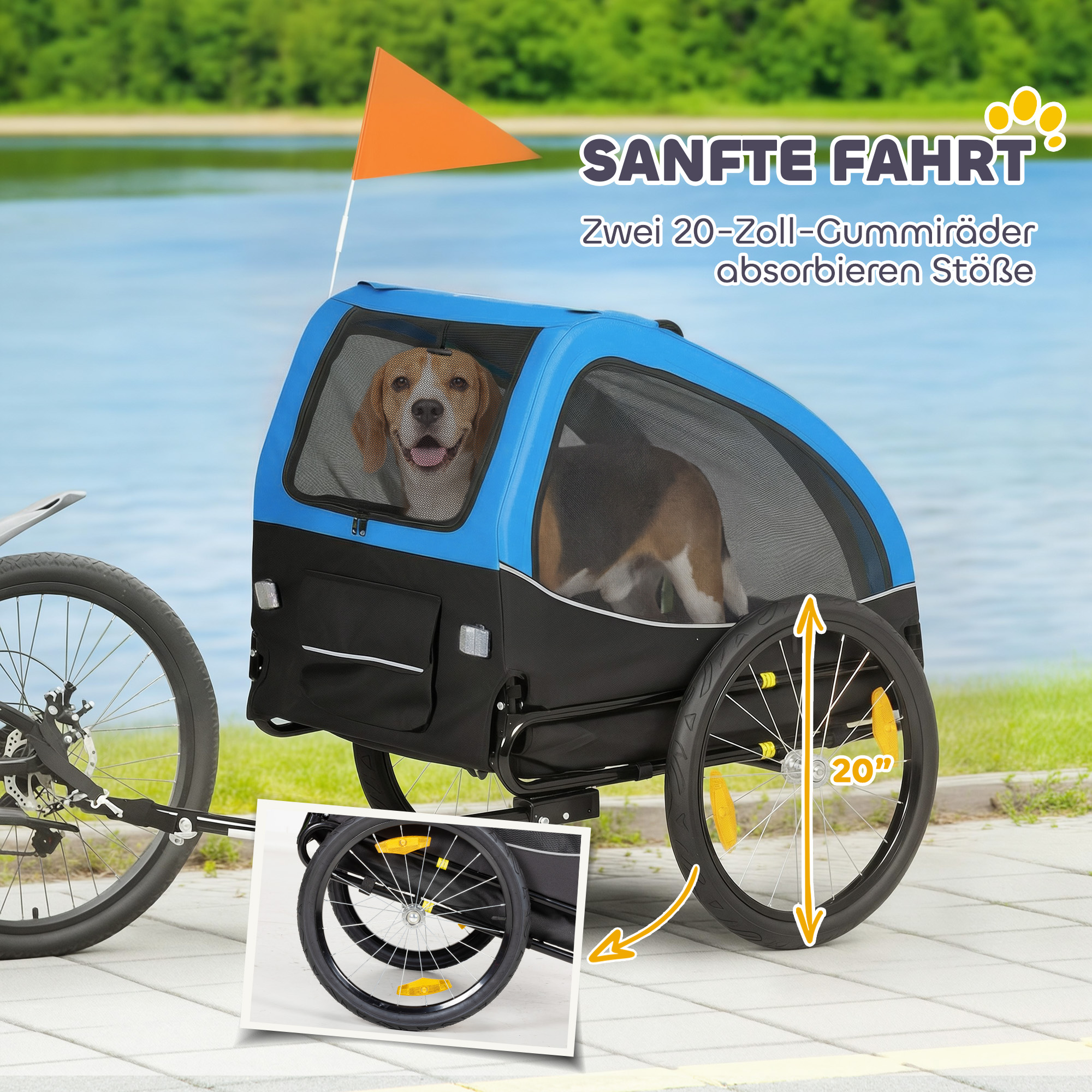 Hundeanhänger Faltbar mit Reflektoren Mesh-Fenster Rädern Tür Sicherheitsflagge für Hunde bis 20 kg 138x70x89 cm Blau