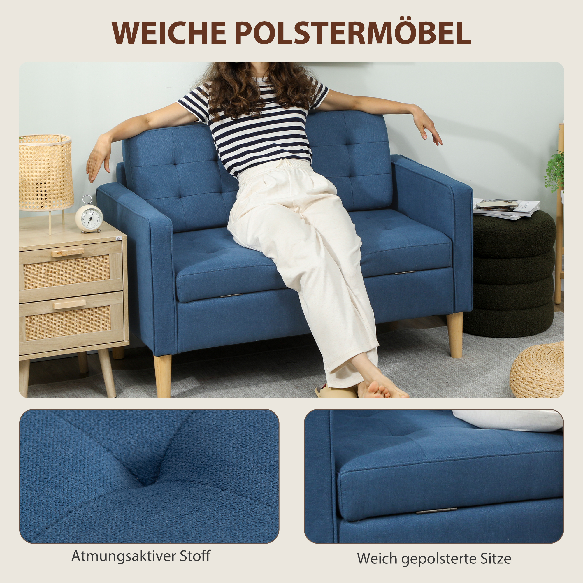 Zweisitzer-Sofa mit Stauraum, Knopfheftung, Kissen, Kautschukbaumholz, 117x62x78cm, Blau