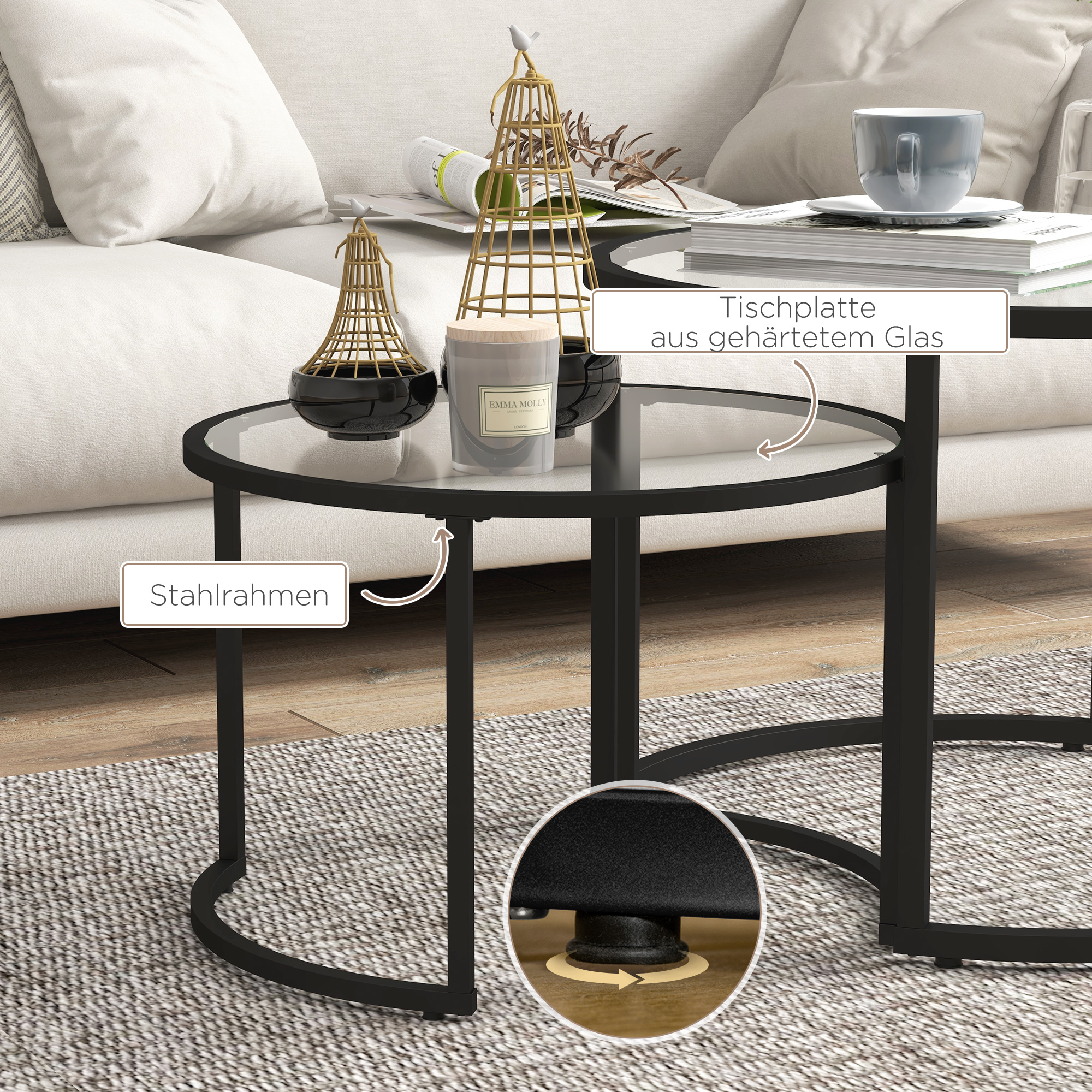 2er-Set Beistelltische Couchtische Industrie-Design, Glastische, stapelbar, Schwarz + Transparent
