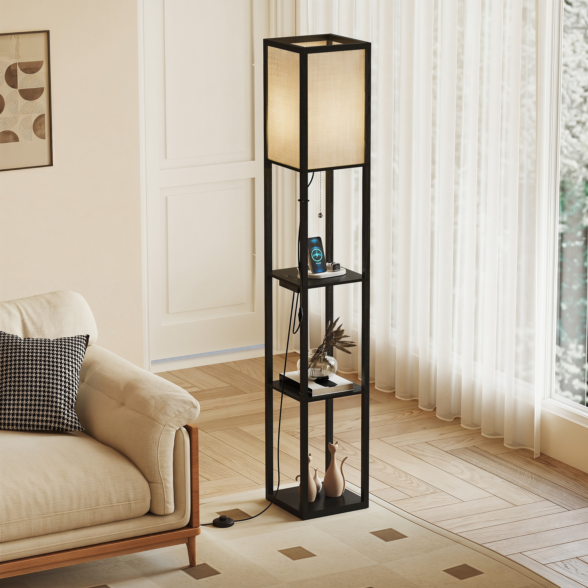 LED Stehlampe mit Ablagen, dimmbar, Kettenschalter & Steckdosen, schwarz
