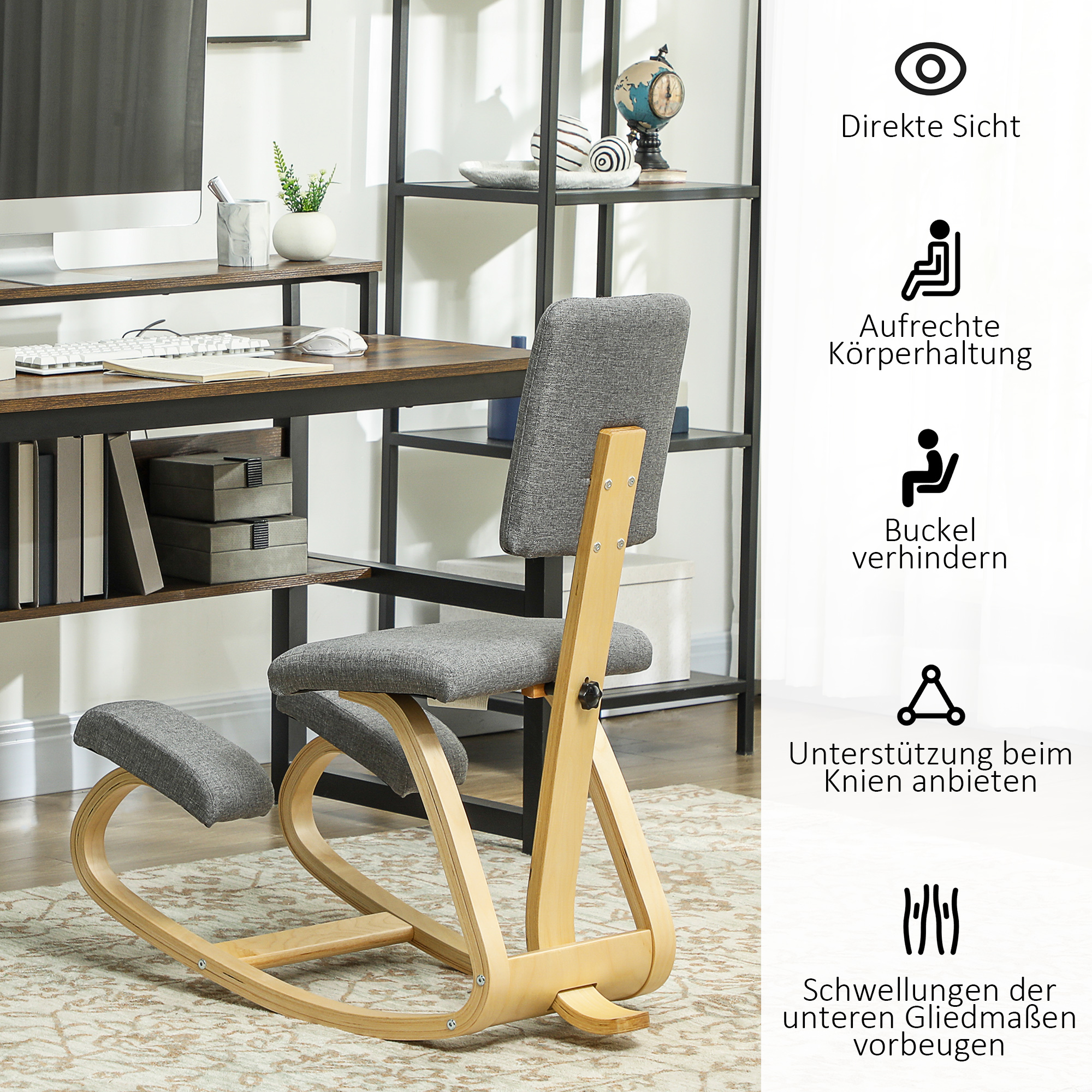 Ergonomischer Kniestuhl, Kniehocker Gesundheitsstuhl für Zuhause, Büro, Meditation Grau