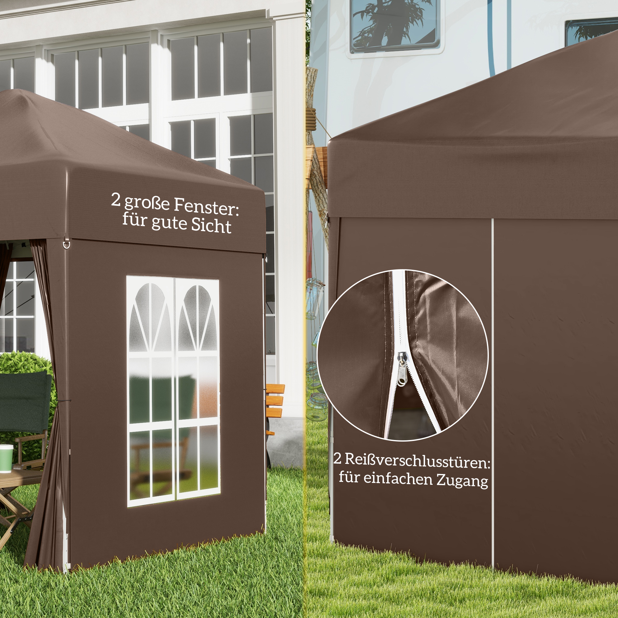 Faltpavillon, Bierzelt, 4 abnehmbare Seitenwände, 2 Fenster, Metallrahmen, 2 x 2m, Braun