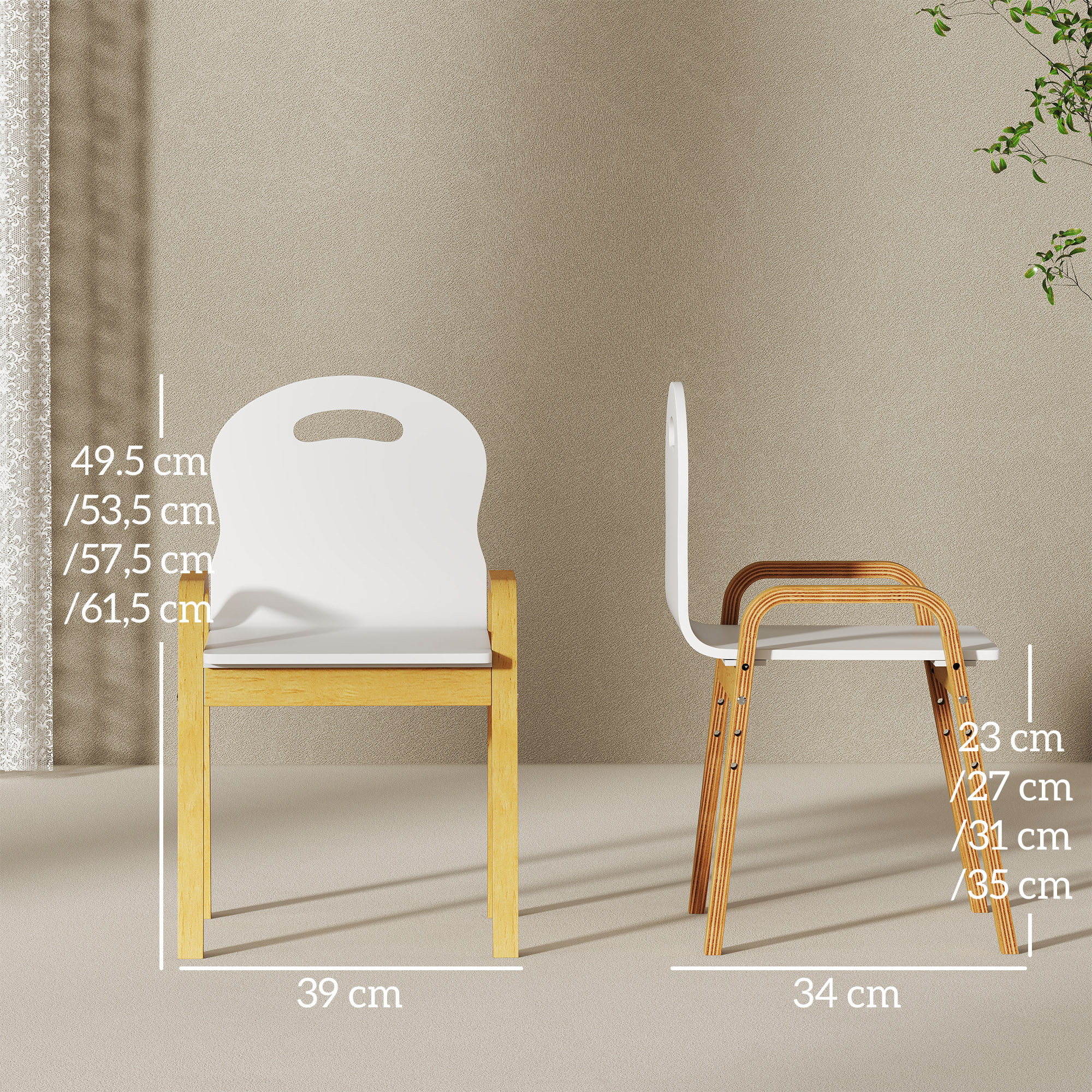 Holzstuhl-Set für Kinder, rutschfeste Fußpads, 3-15 Jahre, höhenverstellbar, Weiß