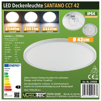 LED Deckenleuchte "Santano FR-42 CCT" / IP54, Ø 42cm, 24W, CCT 3000-6000k
