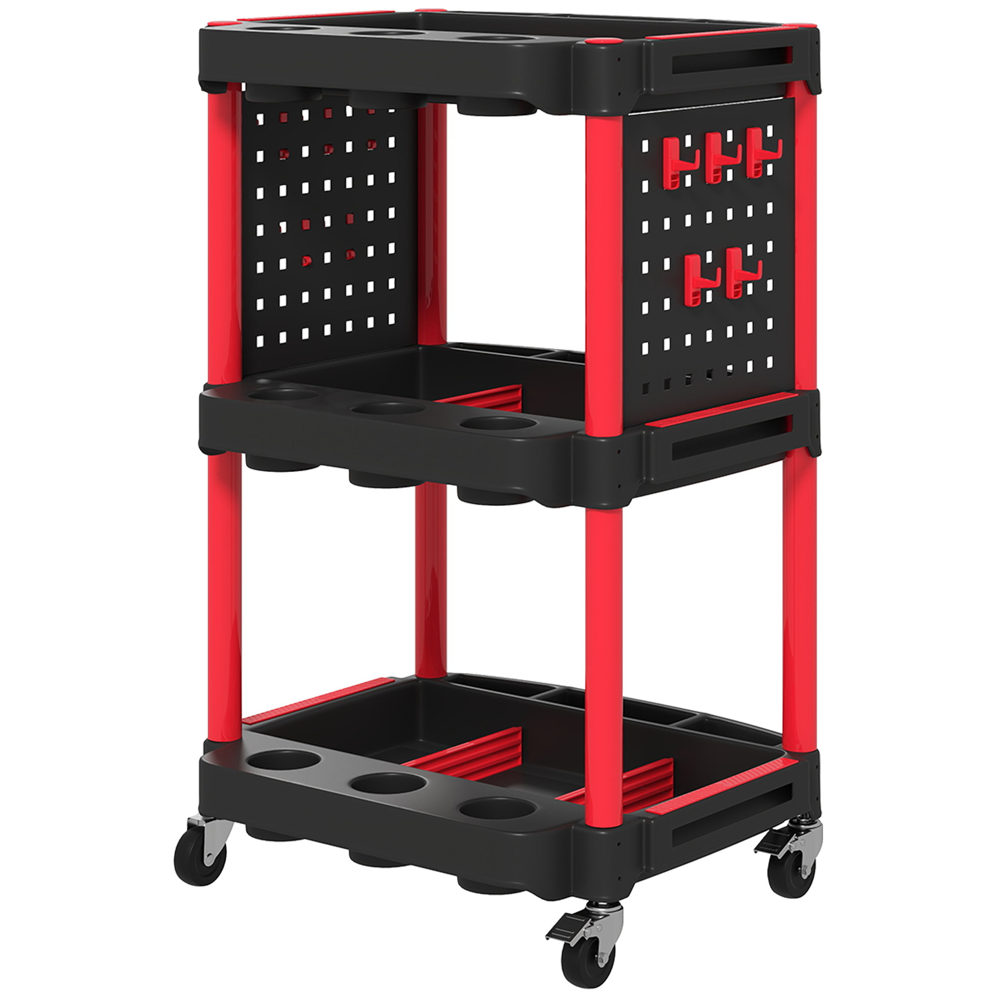 Werkzeugwagen, dreistufige Regale, 4 Räder, Kunststoff, 10 Haken, Rot