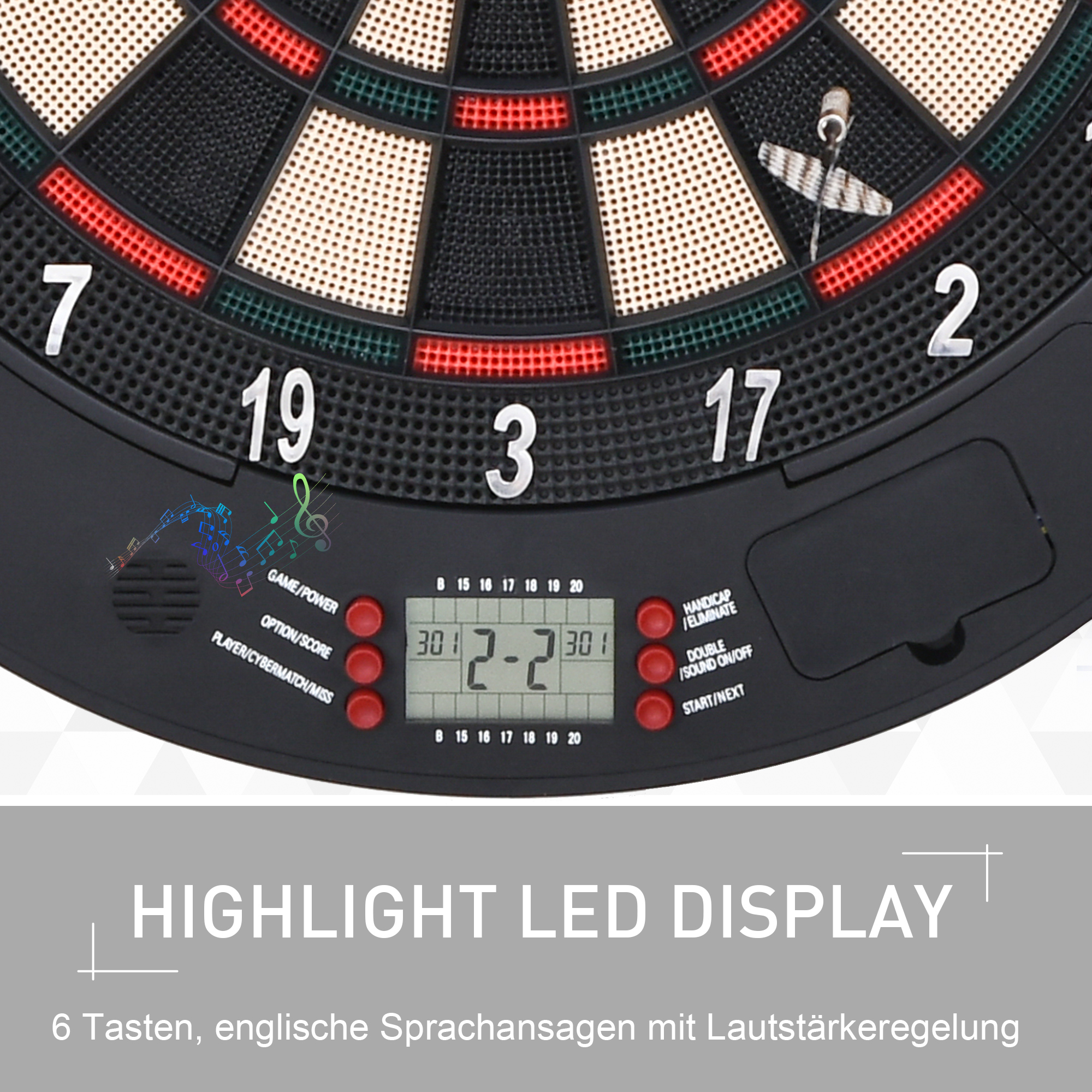elektronische Dartscheibe Dartboard mit Sprachansagen Englische Stimme LED-Anzeigen 6 Darts 26 Spiele 185 Varianten Dartautomat mit Tür Dartscheibe Set für bis zu 8 Spieler