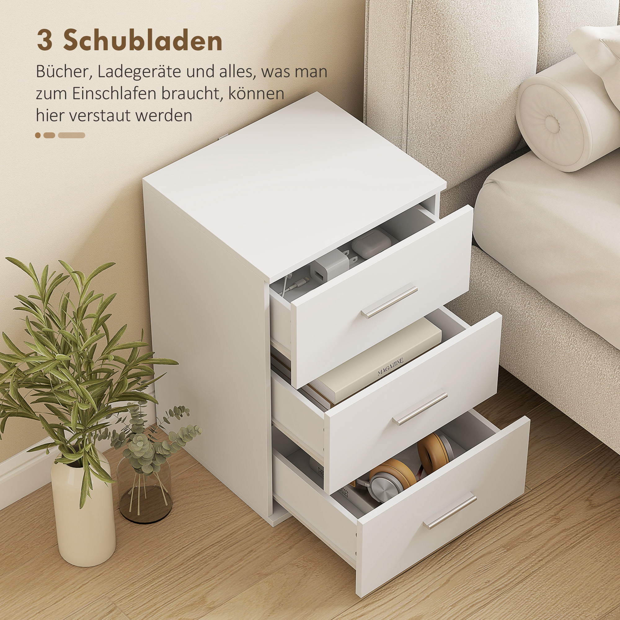 Nachttisch mit 3 Schubladen, Beistell-Kommode für Schlafzimmer, MDF, Weiß