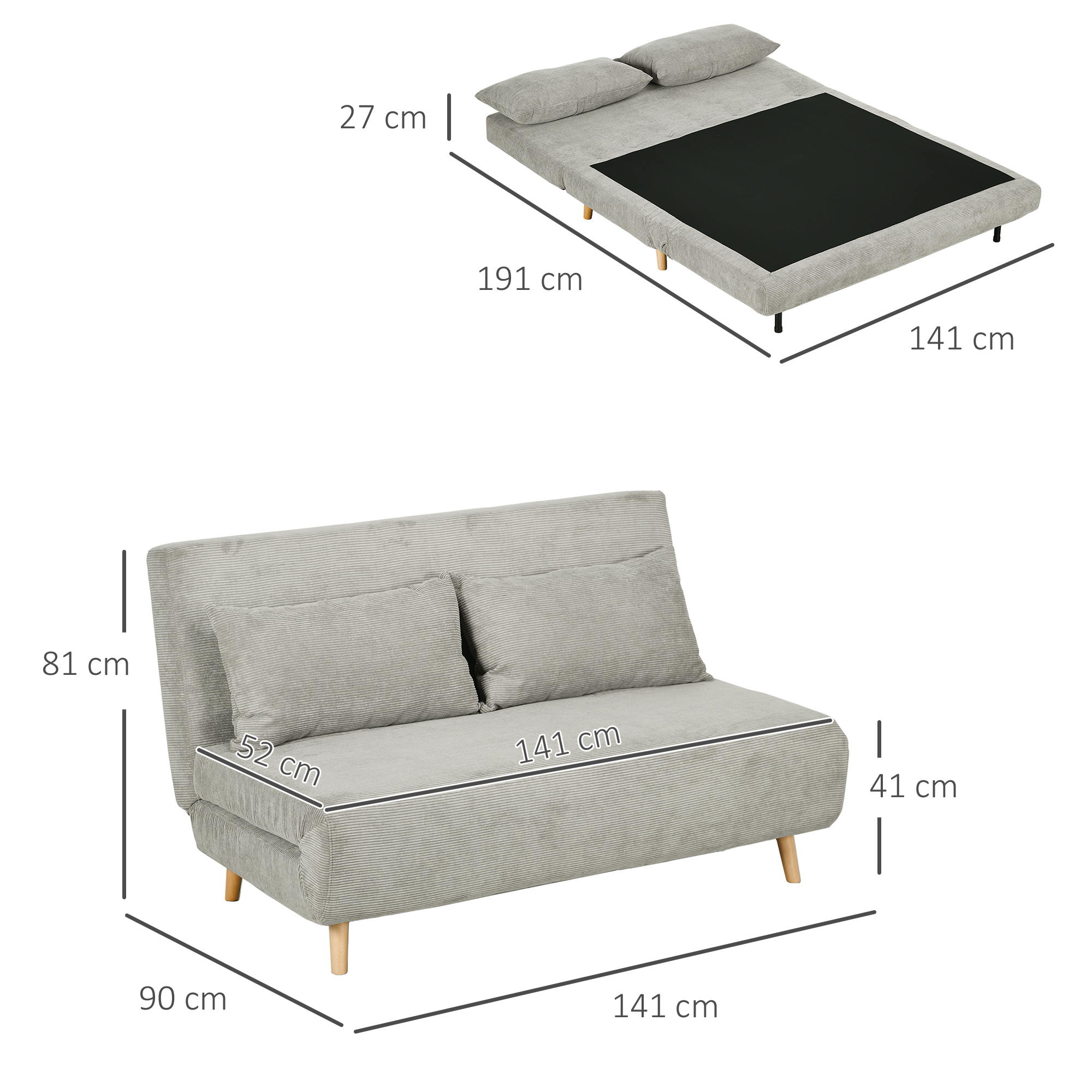 Schlafsofa, Gästebett, 3-fach verstellbare Rückenlehne, Leinenoptik, bis 120 kg, 141 x 90 x 81 cm, Grau
