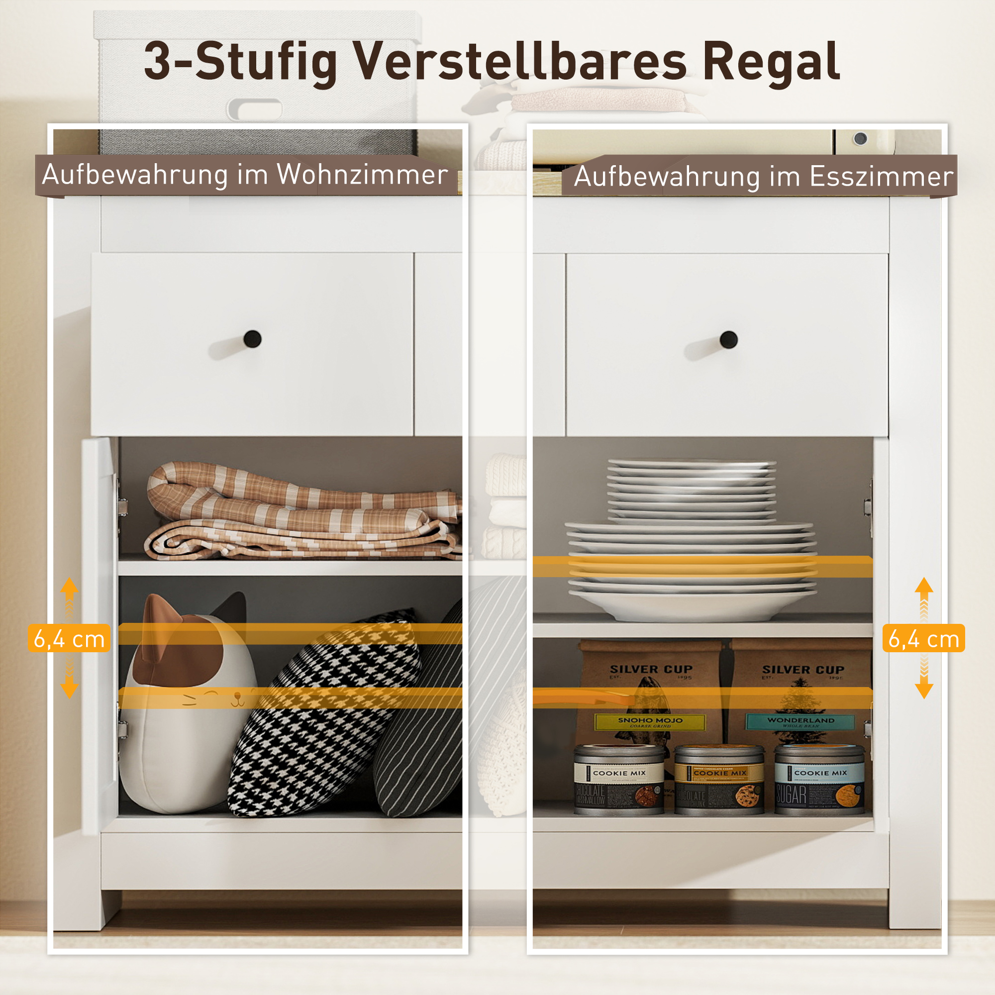 Kommode mit viel Stauraum, Sideboard mit Soft-Close-Türen, 2 Schubladen, verstellbares Regal, Weiß