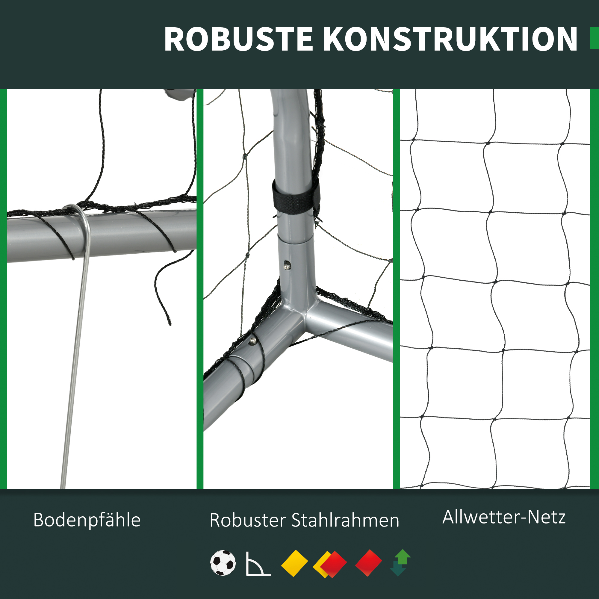 Fußballtor wetterfest, stabiles Metallgestell, reißfestes Netz, 160H x 240L x 85B cm, Grau