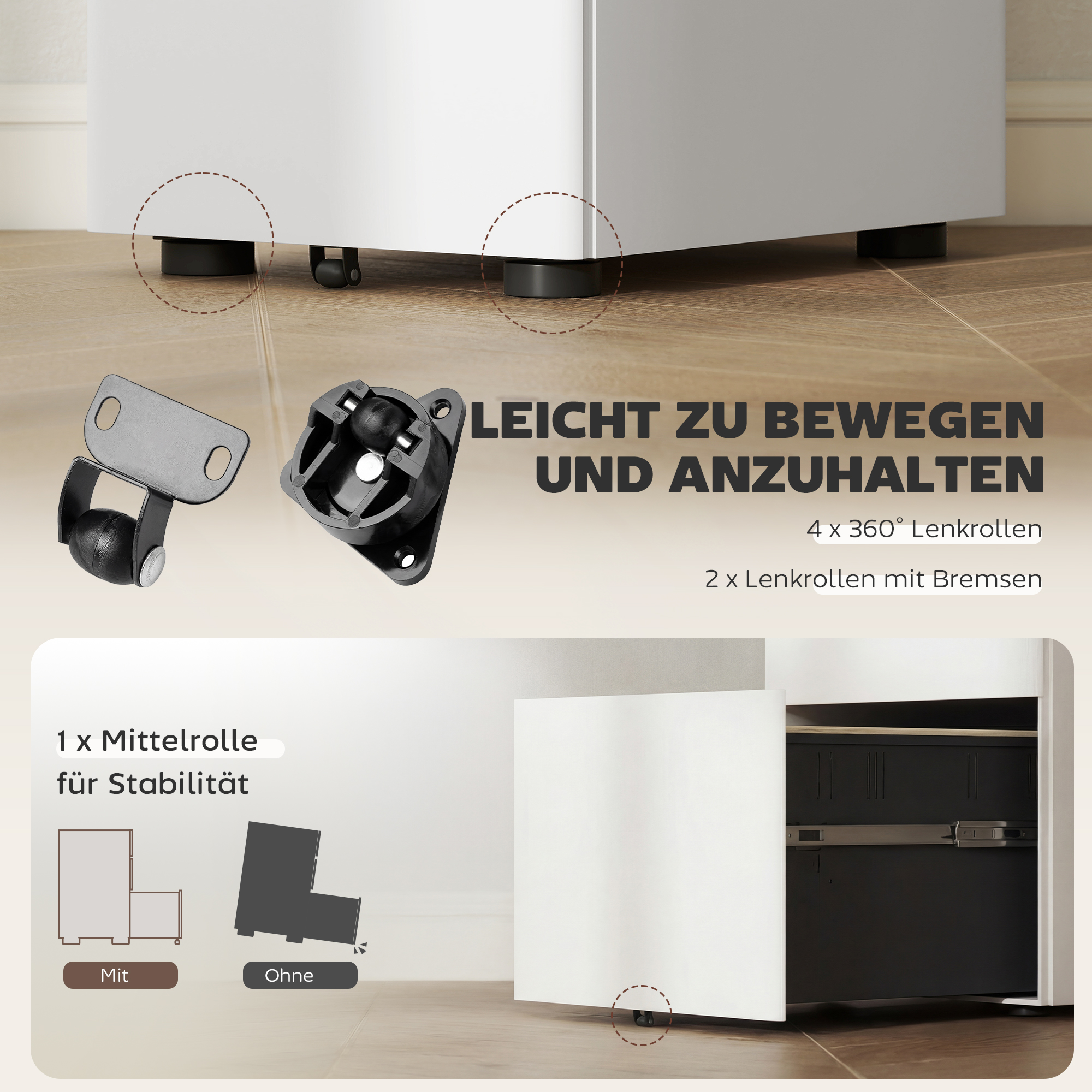 Rollcontainer mit 3 Schubladen mobiler Aktenschrank mit Rollen abschließbar Büroschrank mit Hängeregistratur Stiftfach, Bürocontainer für Büro, Homeoffice, 39 x 48 x 59 cm Weiß