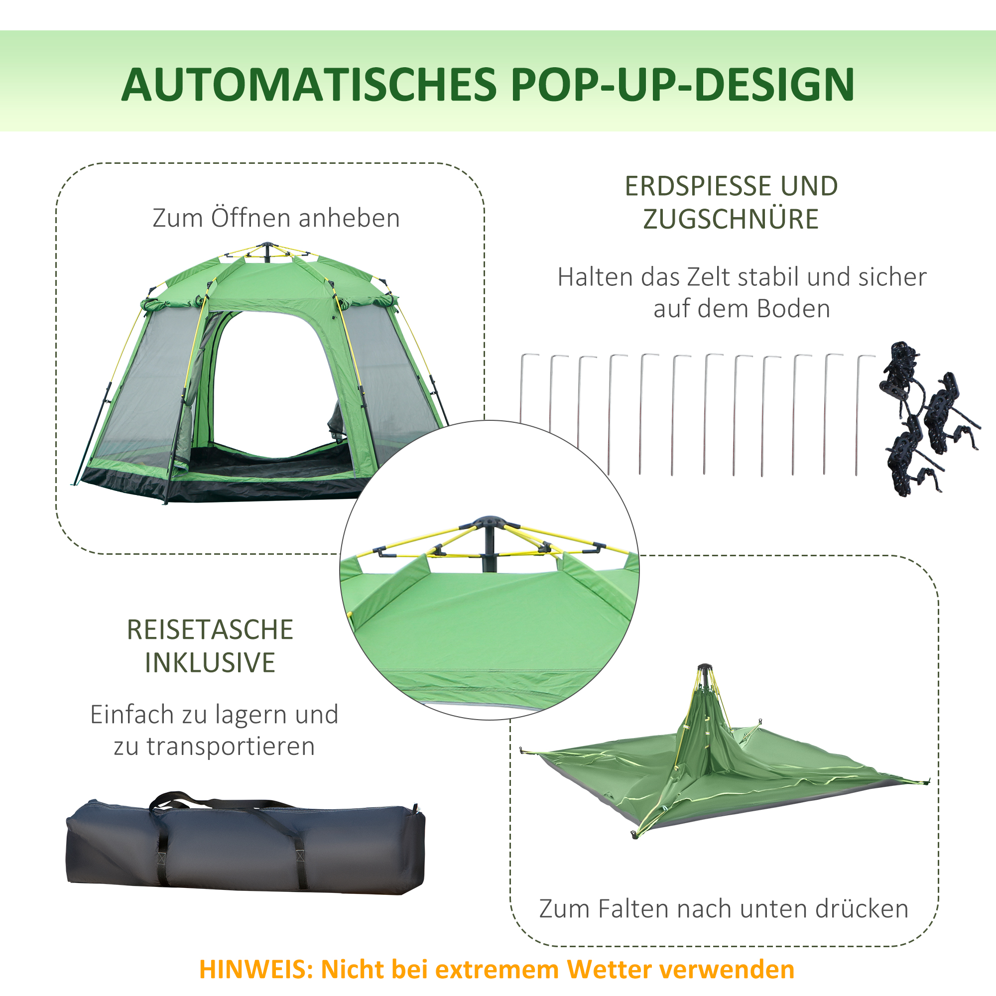 Camping Zelt 6 Personen Zelt Familienzelt Kuppelzelt Kunstleder2000mm einfache Einrichtung für Familien Trekking Festival Stahl Glasfaser Grün 320 x 320 x 180 cm