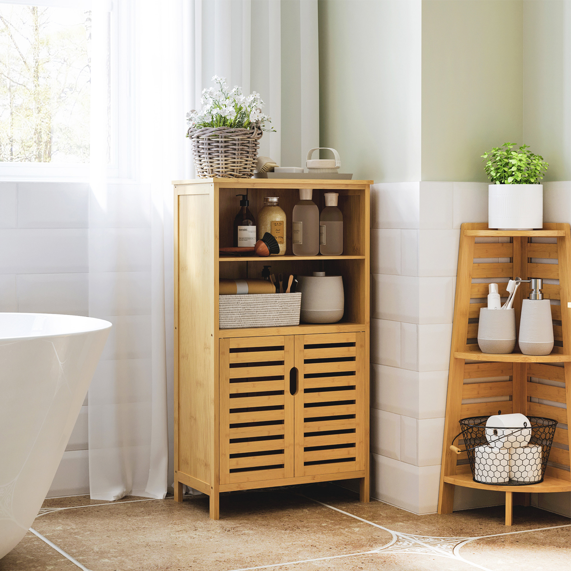 Badezimmerschrank aus Bambus, mit Lamellentüren, 2 Regale, 1 Schrank, 50 cm x 29 cm x 92 cm, Natur