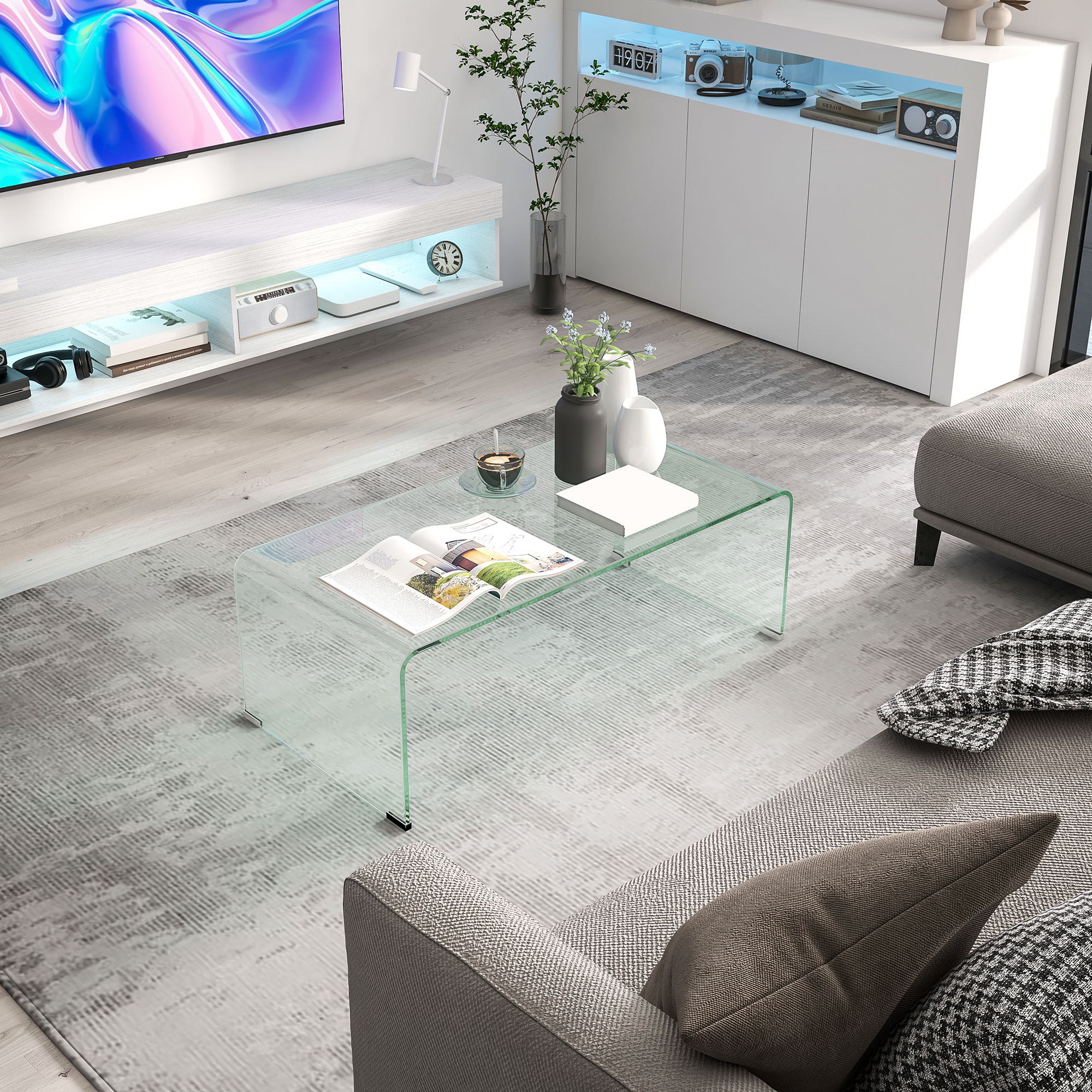 Stabiler Couchtisch aus Glas, einteiliges Design, schlicht und modern, 100 x 50 x 35 cm, Transparent