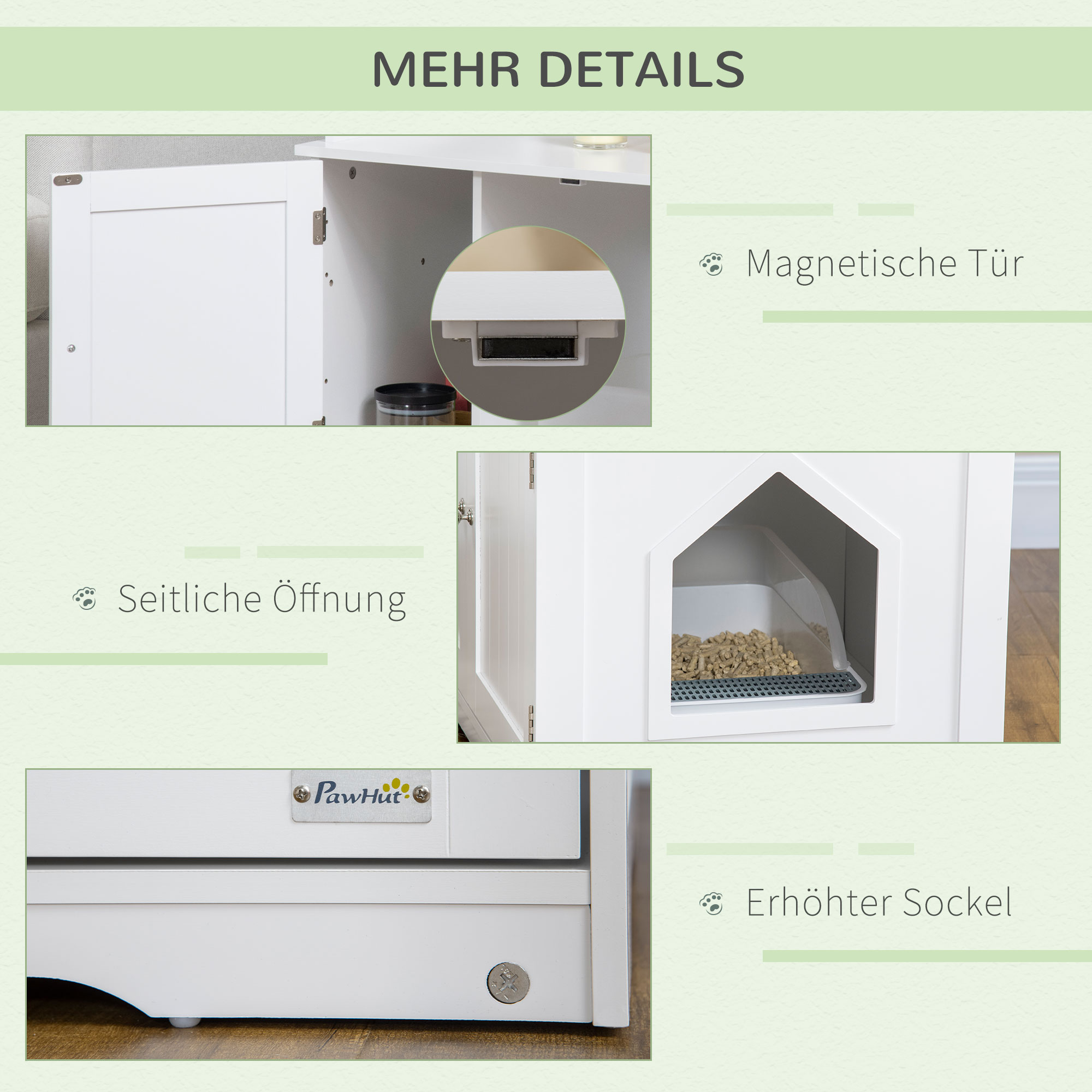 Katzentoilette, Katzenhaus, mit Trennwand, magnetischer Doppeltür, seitlicher Ablage, weiß, 86 x 48 x 52cm