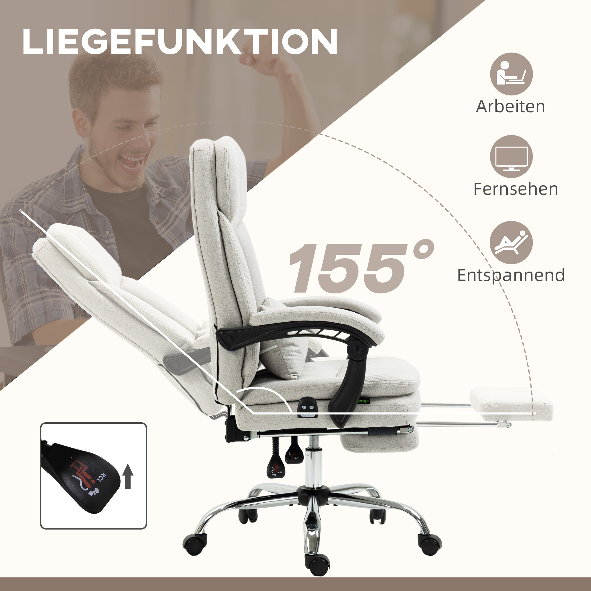 Bürostuhl mit Massage- und Heizfunktion, ergonomisch, 66x67x110-118cm, Cremeweiß