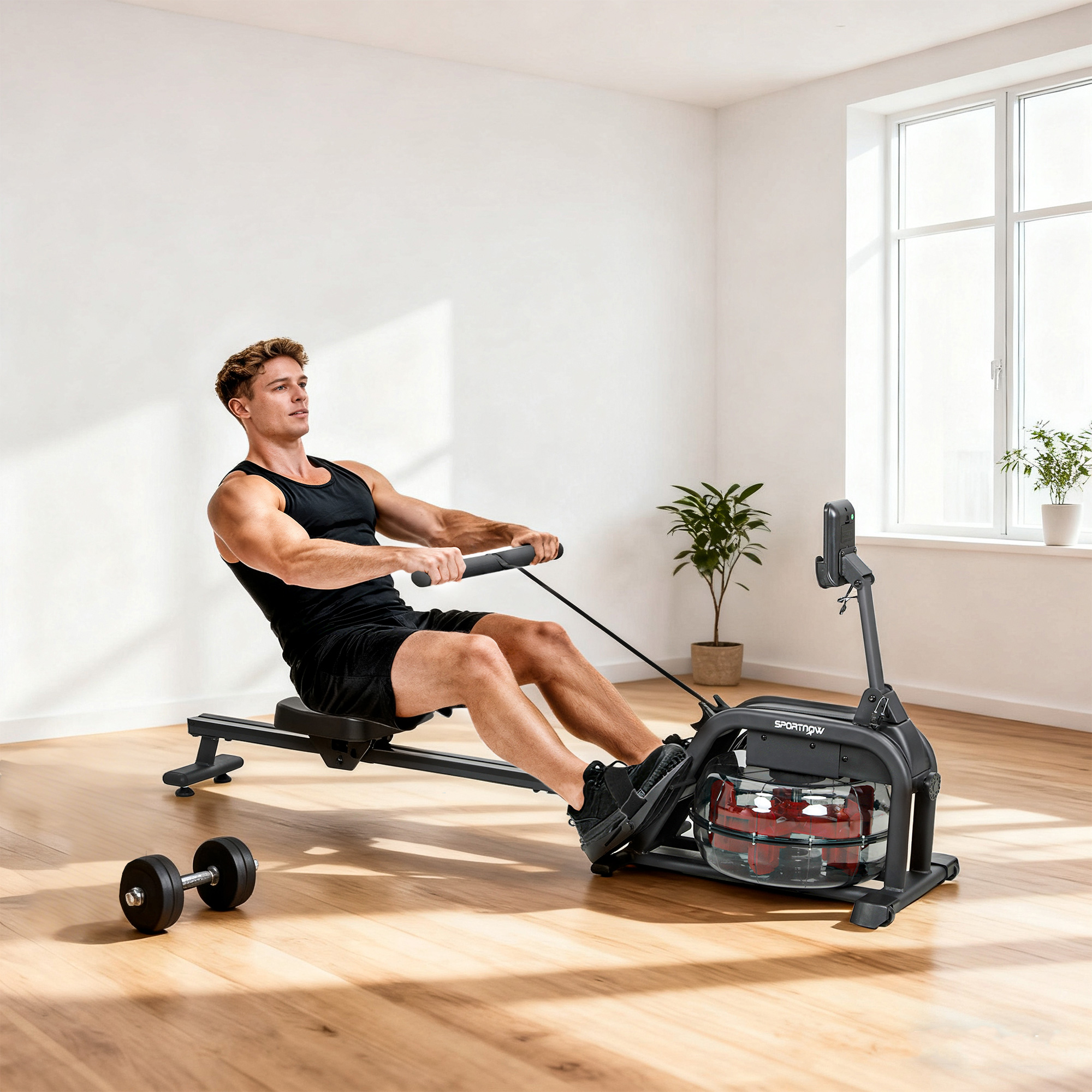 Rudergerät für Training, Rudermaschine mit 6-11 L Wassertank, LCD-Monitor, Handyhalter, 135 kg Tragfähigkeit, Stahl, Schwarz