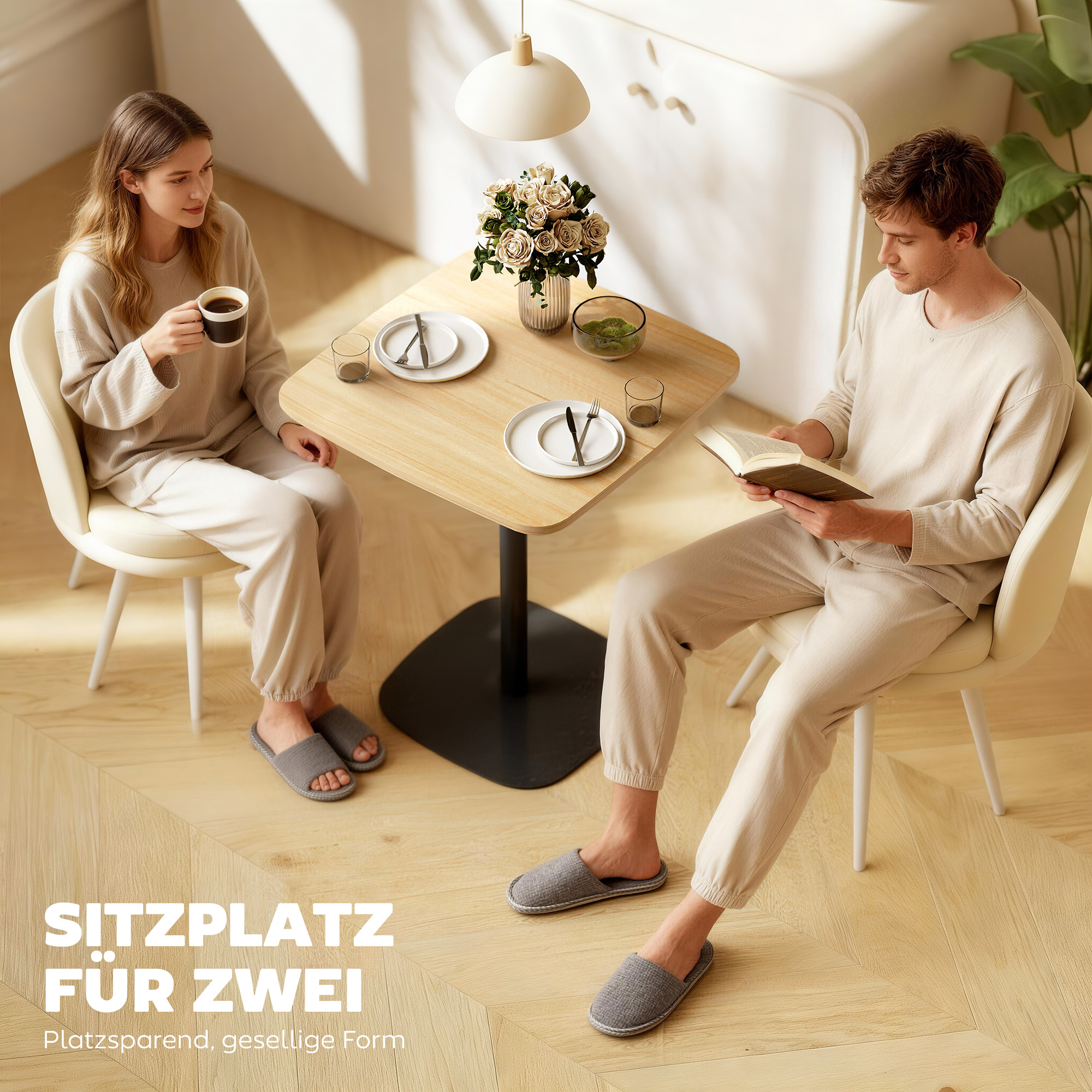 Kleiner Esstisch, 60 cm, quadratisch, MDF-Tischplatte, Stahlsockel, für Wohnzimmer, Esszimmer, Küche, Naturholz+Schwarz
