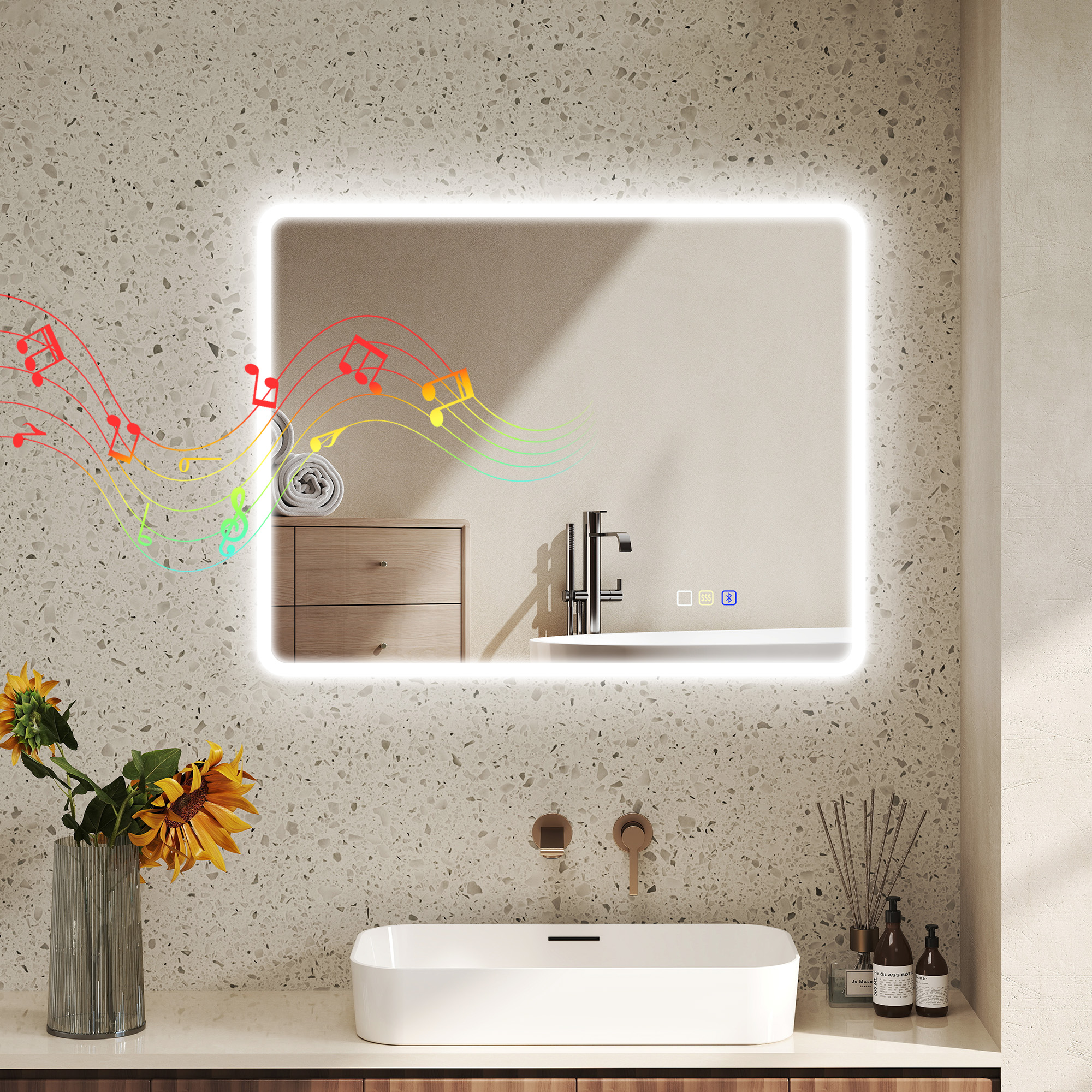 Badezimmerspiegel LED Bluetooth 70 x 90 cm Touchschalter Licht einstellbar 3 Farben Anti-Beschlag Speicher Silber