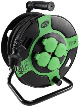 Kunststoff-Kabeltrommel, 40m Kabel, IP44, H05RR-F 3G1,5mm², schwarze Gummileitung Kunststoff-Kabeltrommel, 40m Kabel, IP44, H05RR-F 3G1,5mm², schwarze Gummileitung