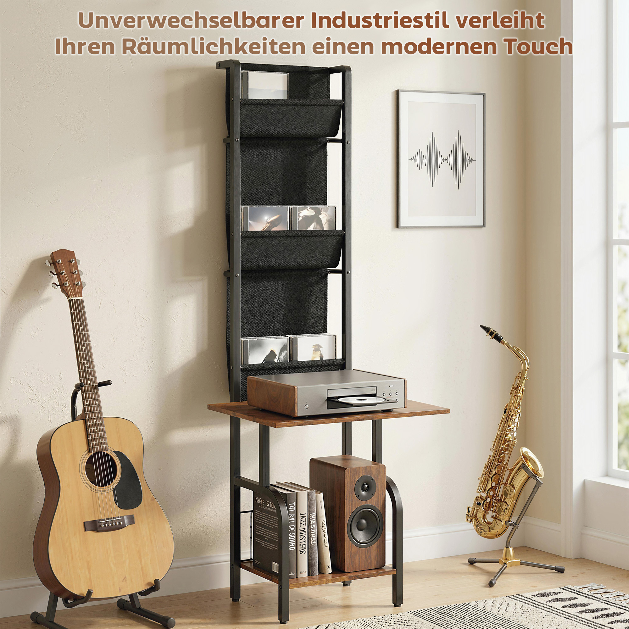 CD-Regal, CD-Aufbewahrung, DVD-Ständer mit 3 Stofftaschen und Tischplatte, Rustikale Holzoptik in Braun