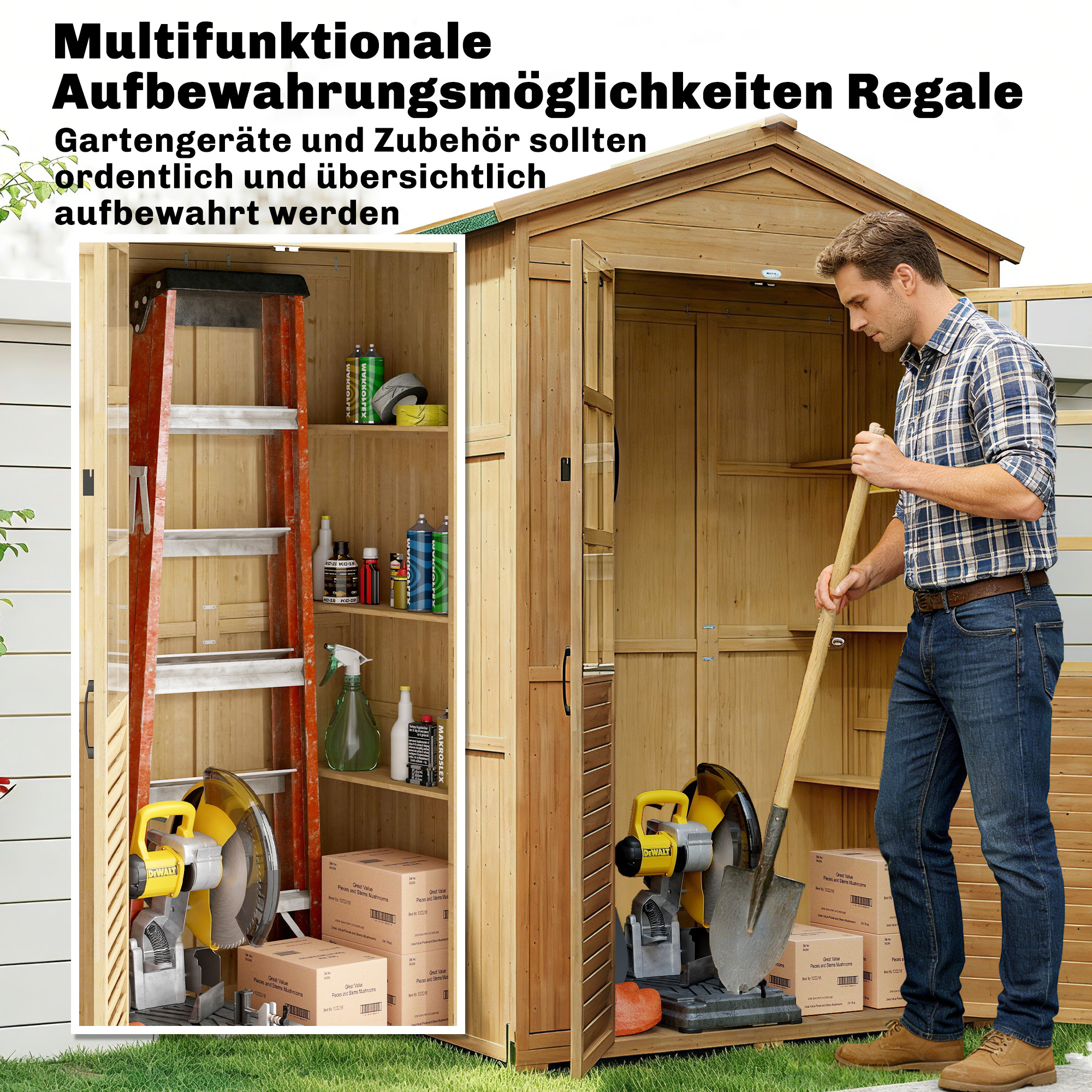Gartenschrank Holz Geräteschuppen mit Ablage Acrylfenstern Abschließbar Tür Bodenplatte Asphalt-Dach Belüftungspaneel