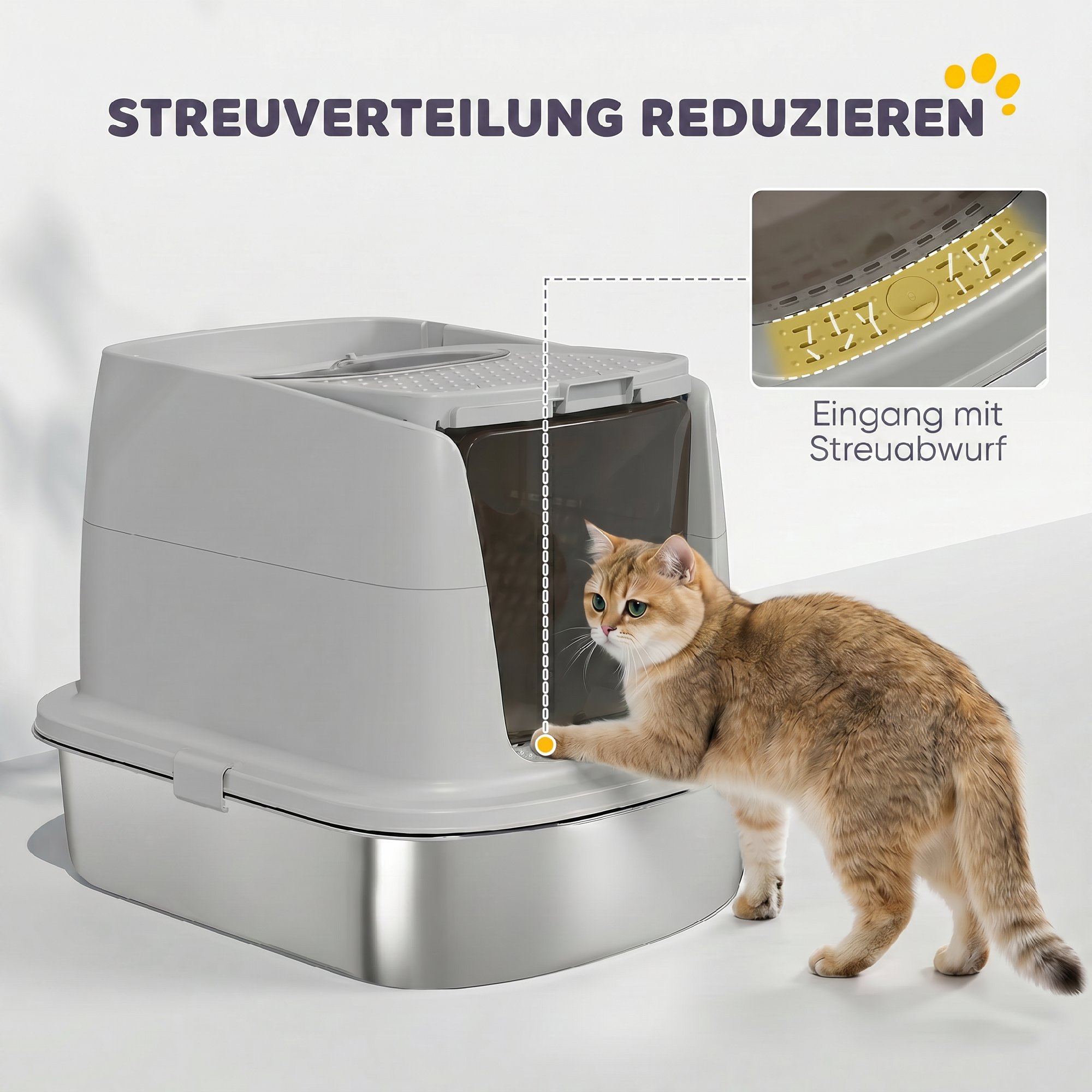 Katzentoilette Edelstahl, geschlossene Katzentoilette mit Schaufel, Geruchsbeutel, Einstieg Ausgang