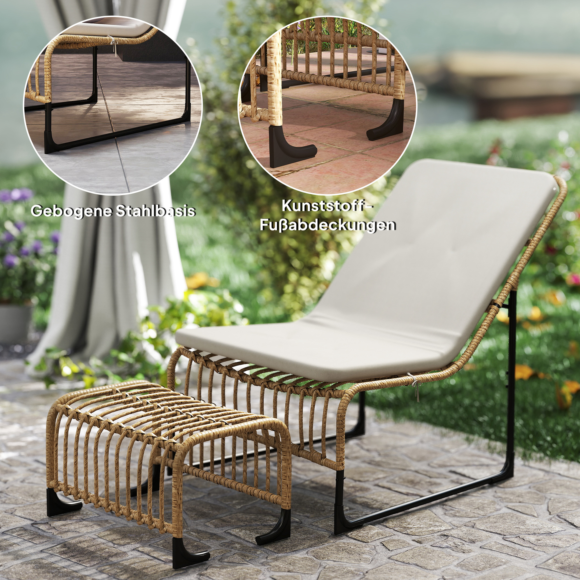 Rattan Relaxsessel mit Fußhocker UV-beständig Gartensessel mit Kissen Bänder 65 x 93 x 80 cm Naturholz