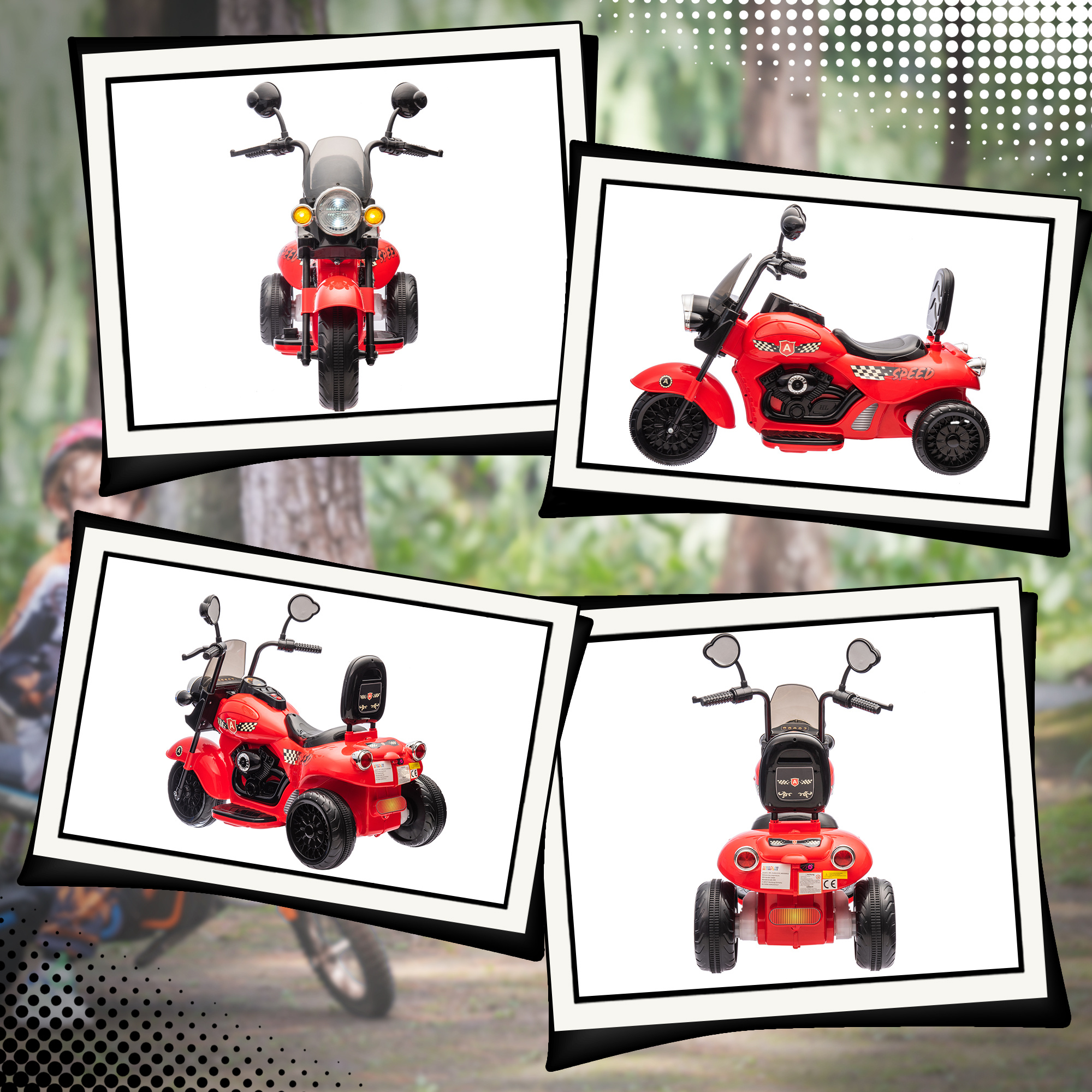 Elektro-Kinder-Motorrad, 3 Räder, 6V Batterie-Betrieb, Scheinwerfer, Musik, für Kinder im Alter von 3-6 Jahren, Rot