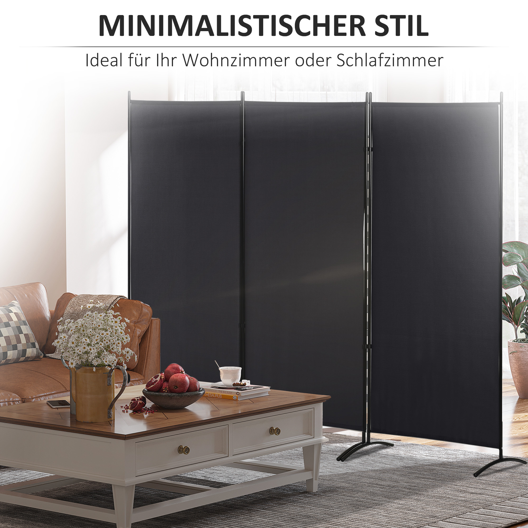 Raumteiler, 3-teiliger Sichtschutz, Raumtrenner mit Metallrahmen, Schwarz
