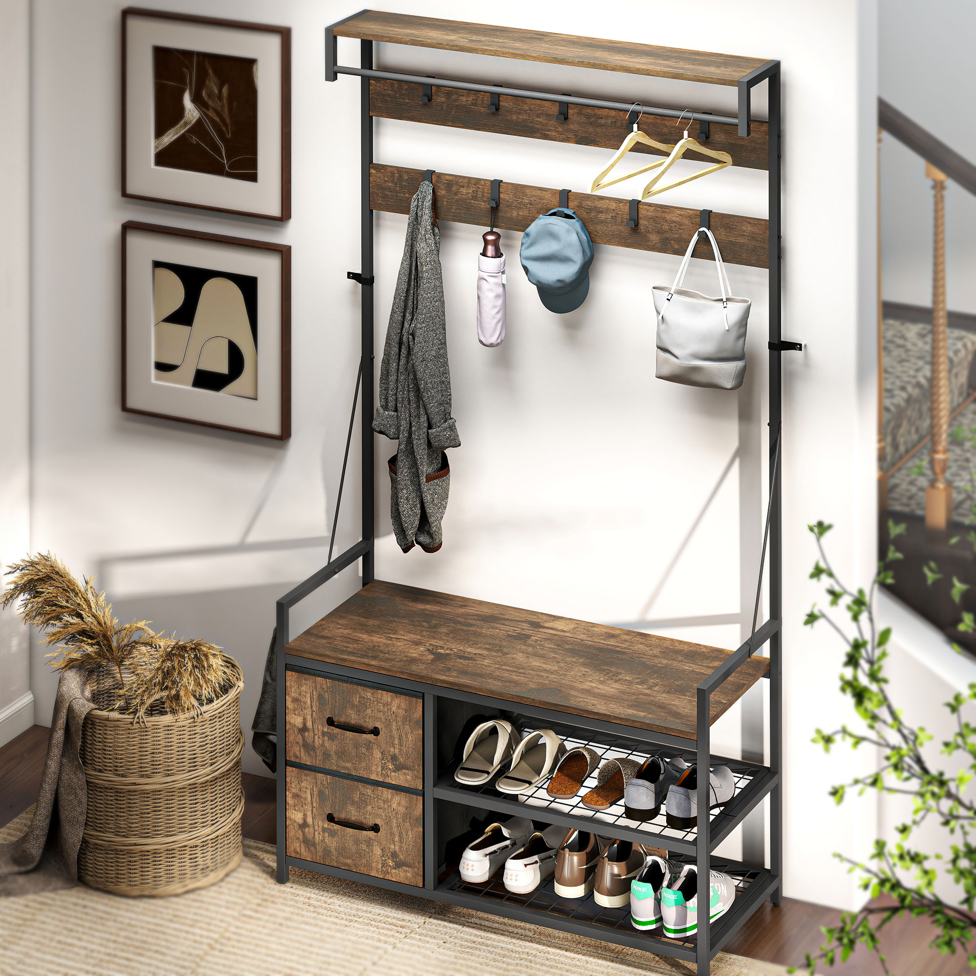 6-in-1 Garderobenständer mit Sitzbank und Schuhregal, Industrie-Stil, 10 Haken, 2 Stoffschubladen, Metall, Braun