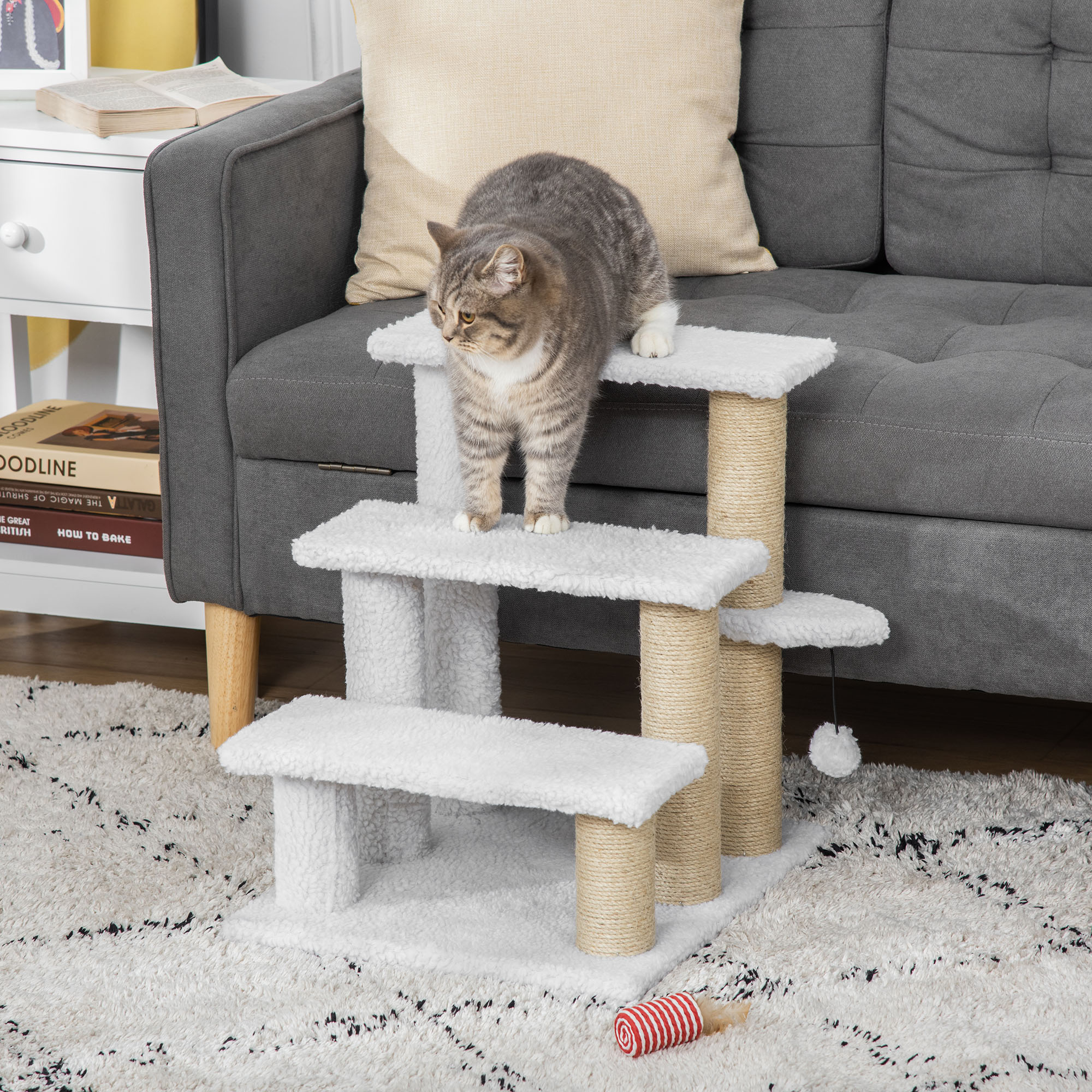 Katzentreppe 3-stufige Haustiertreppe mit Kratzsäulen Ball Hundetreppe Tiertreppe für Katzen bis 5 kg Plüsch Jute Weiß 45 x 40 x 48 cm