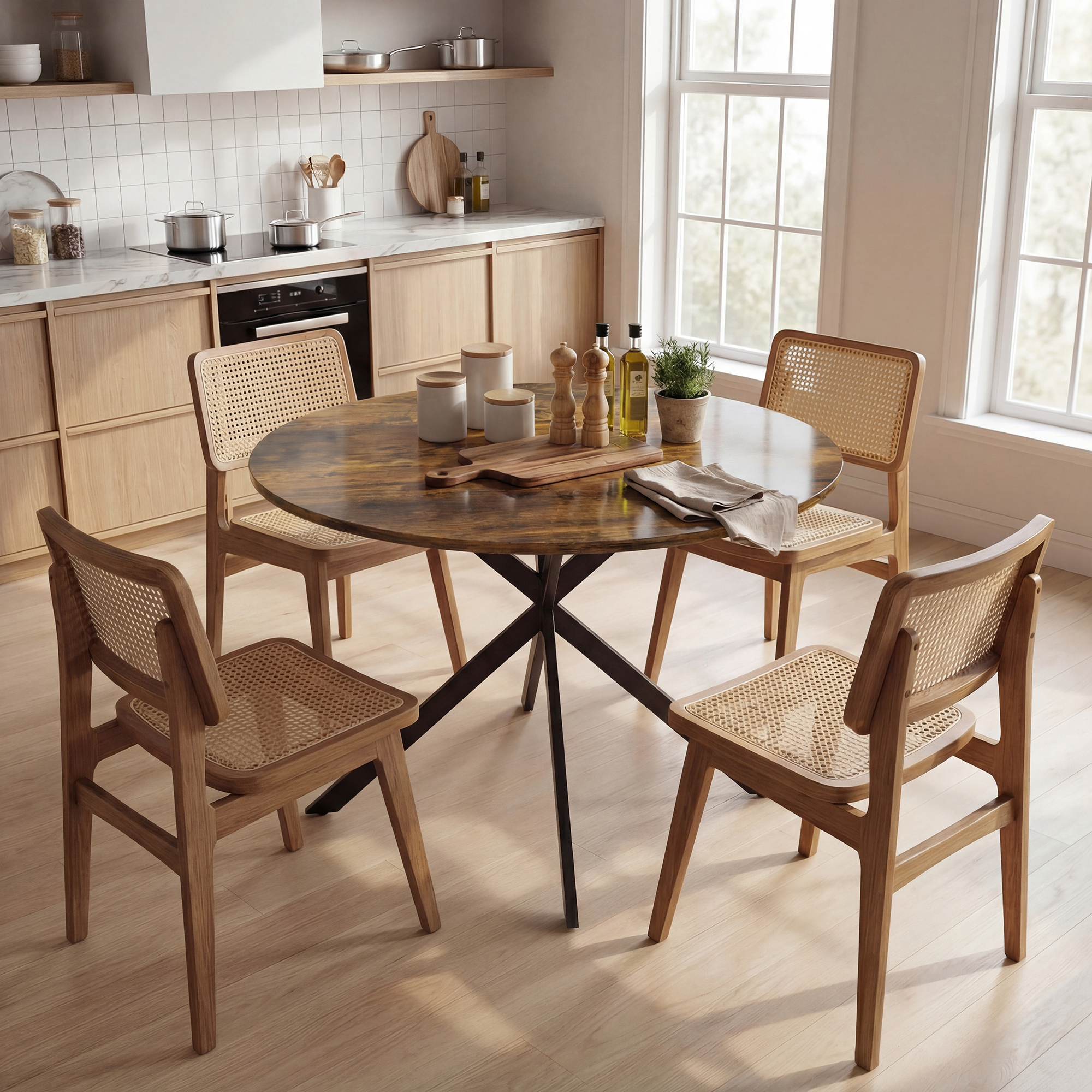 Runder Esstisch für 4 Personen, Küchentisch im Industriestil mit Stahlbeinen, für Esszimmer, Küche, Rustikal-Braun