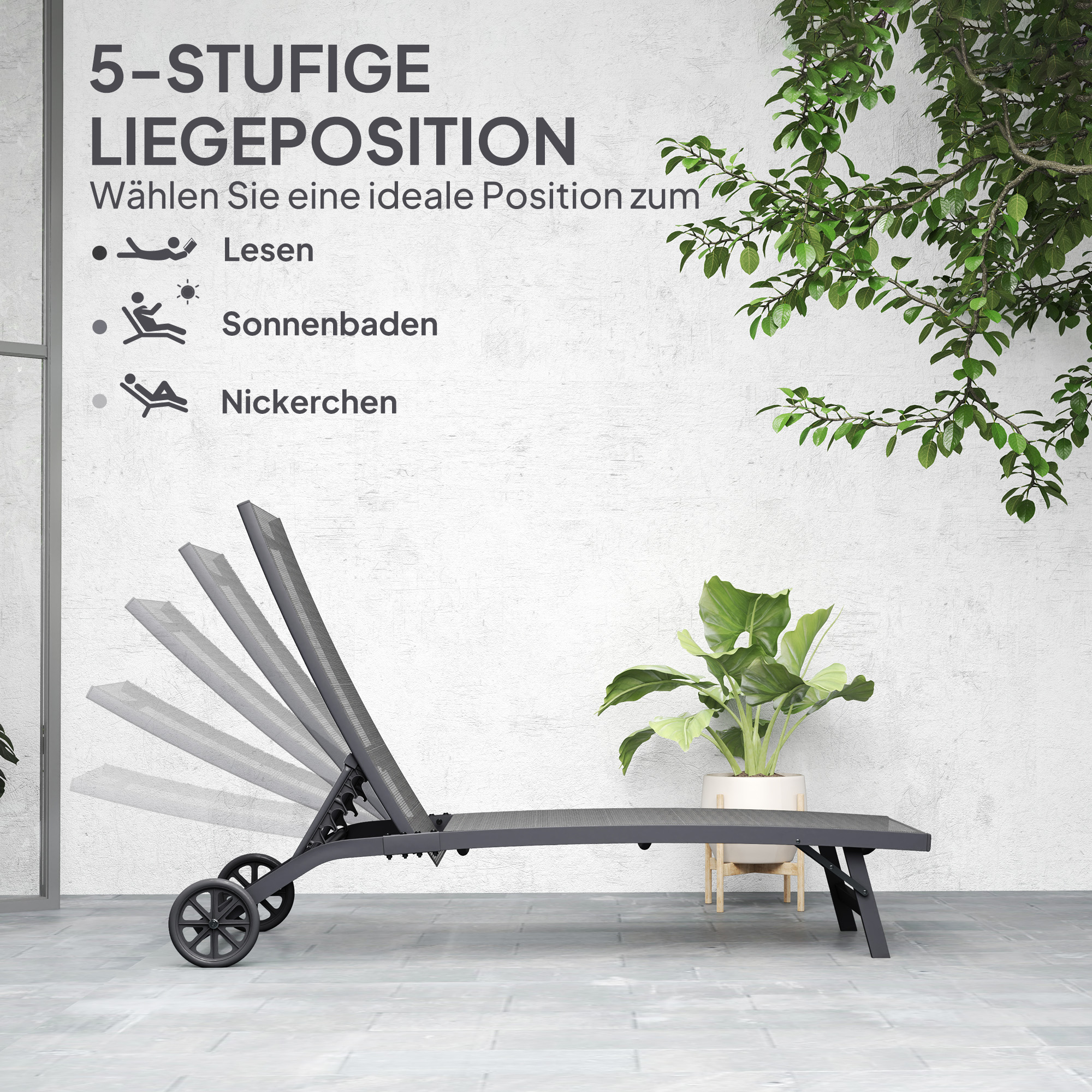 Sonnenliege, 5-stufig verstellbare Rücklehne, atmungsaktiver Stoff, Aluminiumrahmen, Dunkelgrau, 195 x 66 x 34 cm
